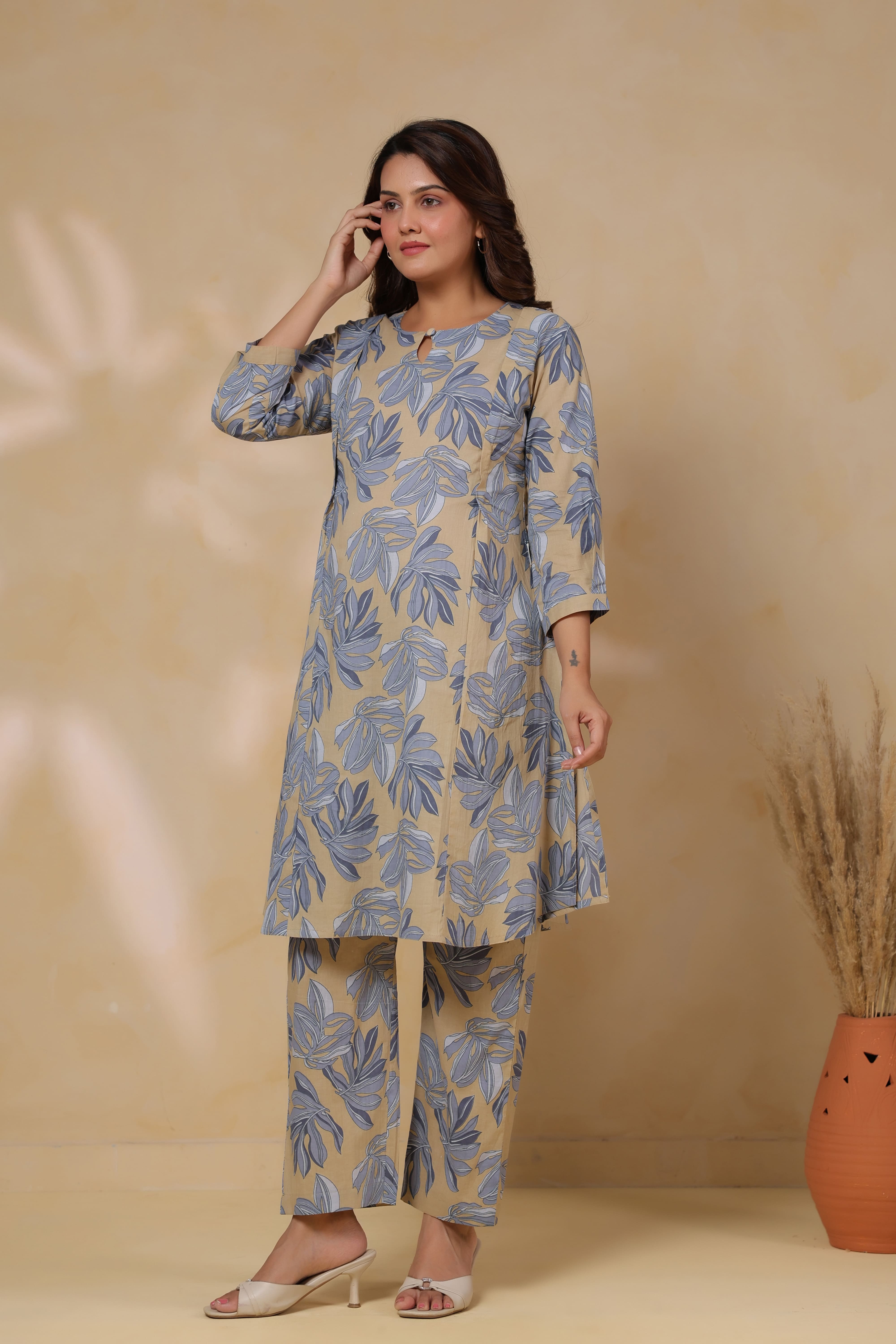 French Beige Leafy Cotton Maternity - Nursing Co-ord Set