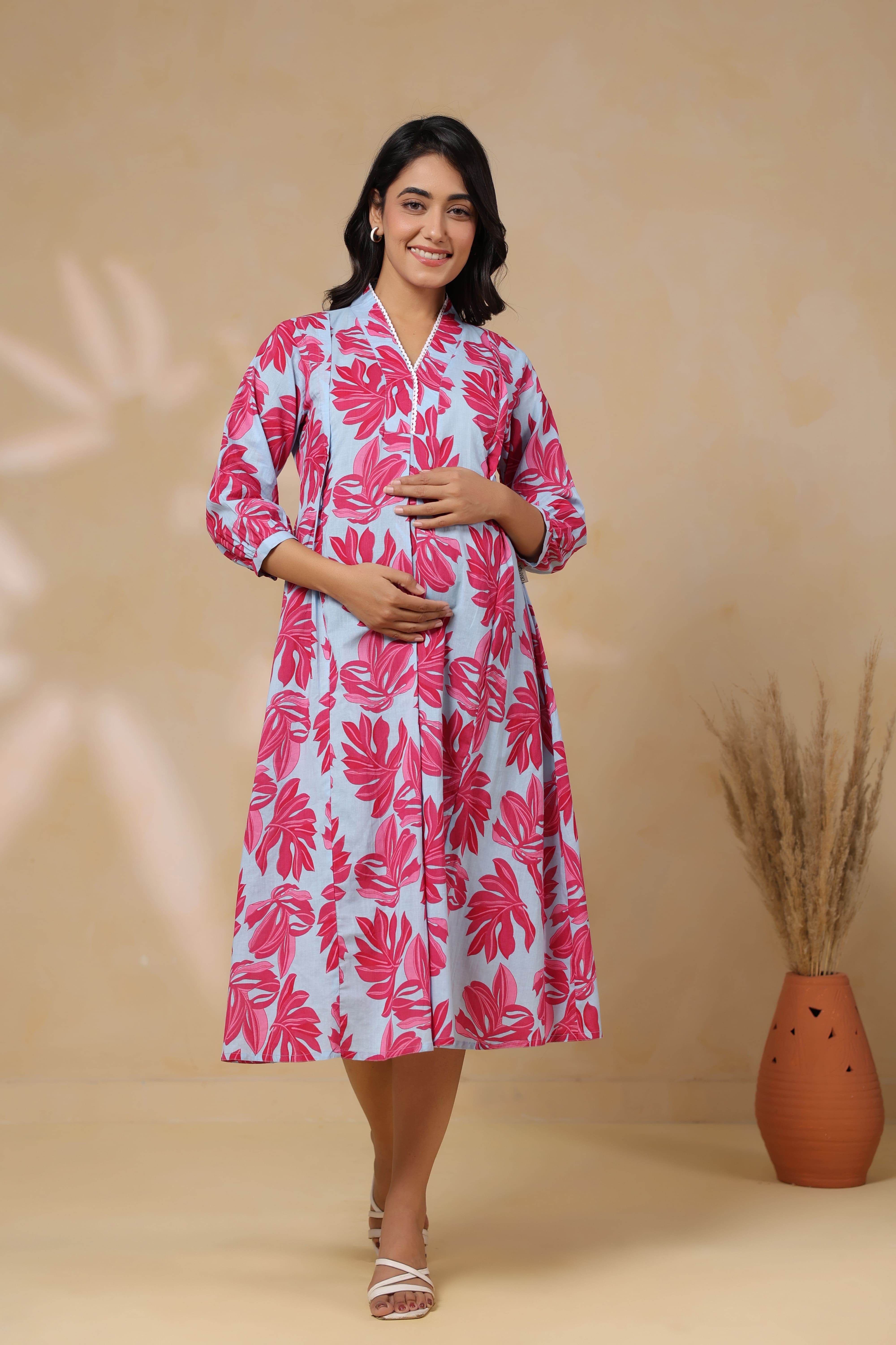 Cool Grey Leafy Cotton Maternity - Nursing Dress