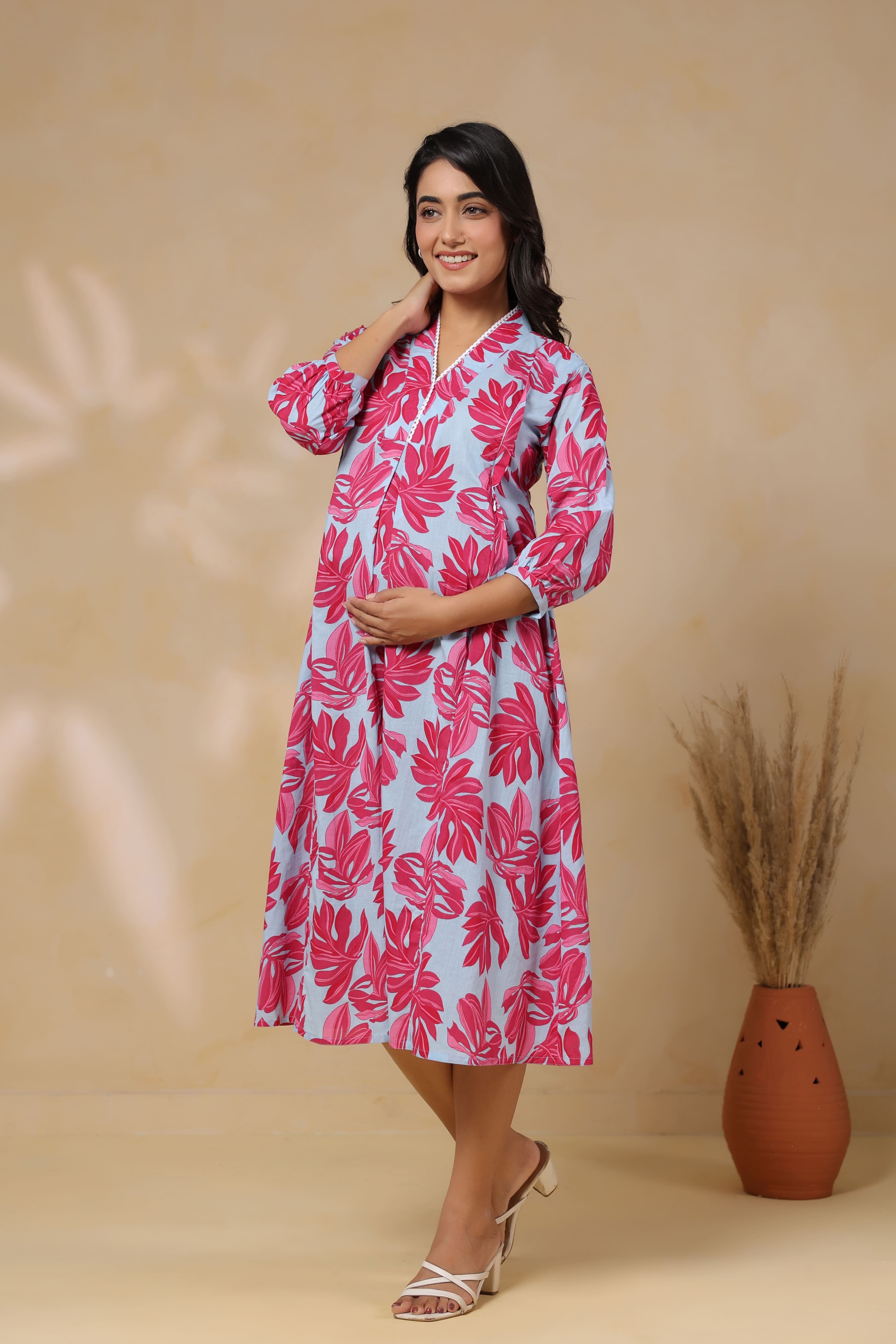 Cool Grey Leafy Cotton Maternity - Nursing Dress
