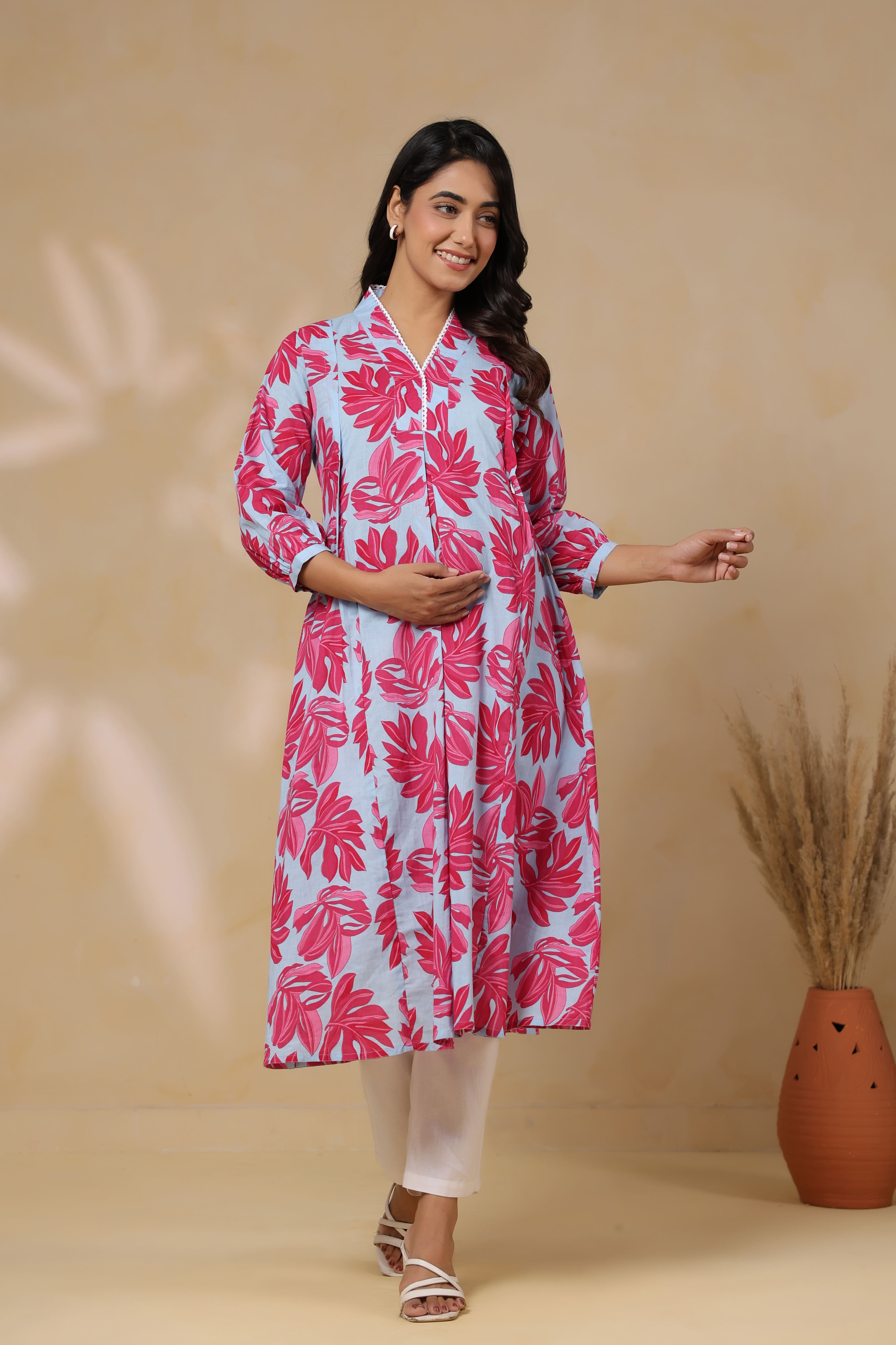 Cool Grey Leafy Cotton Maternity - Nursing Kurta