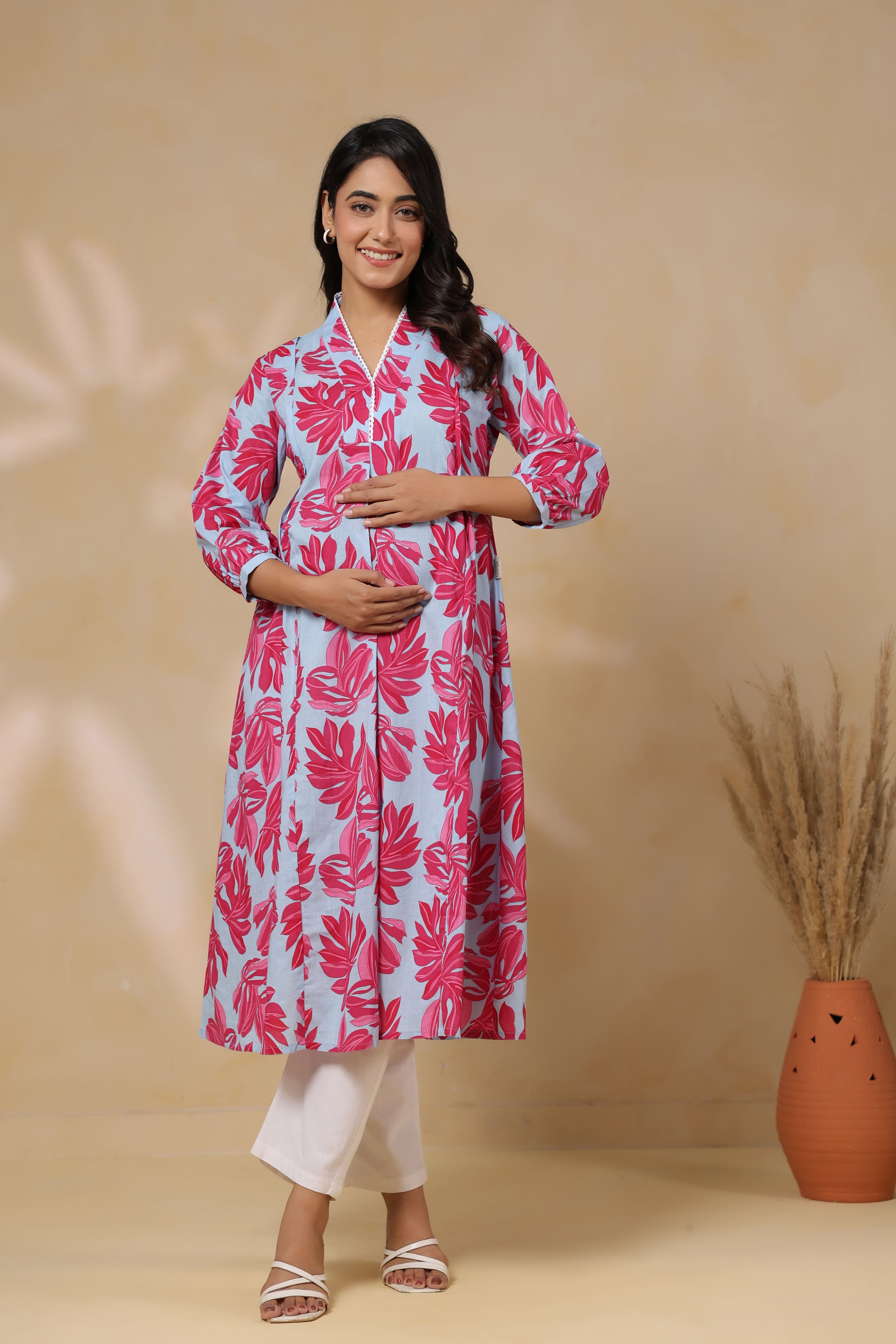 Cool Grey Leafy Cotton Maternity - Nursing Kurta