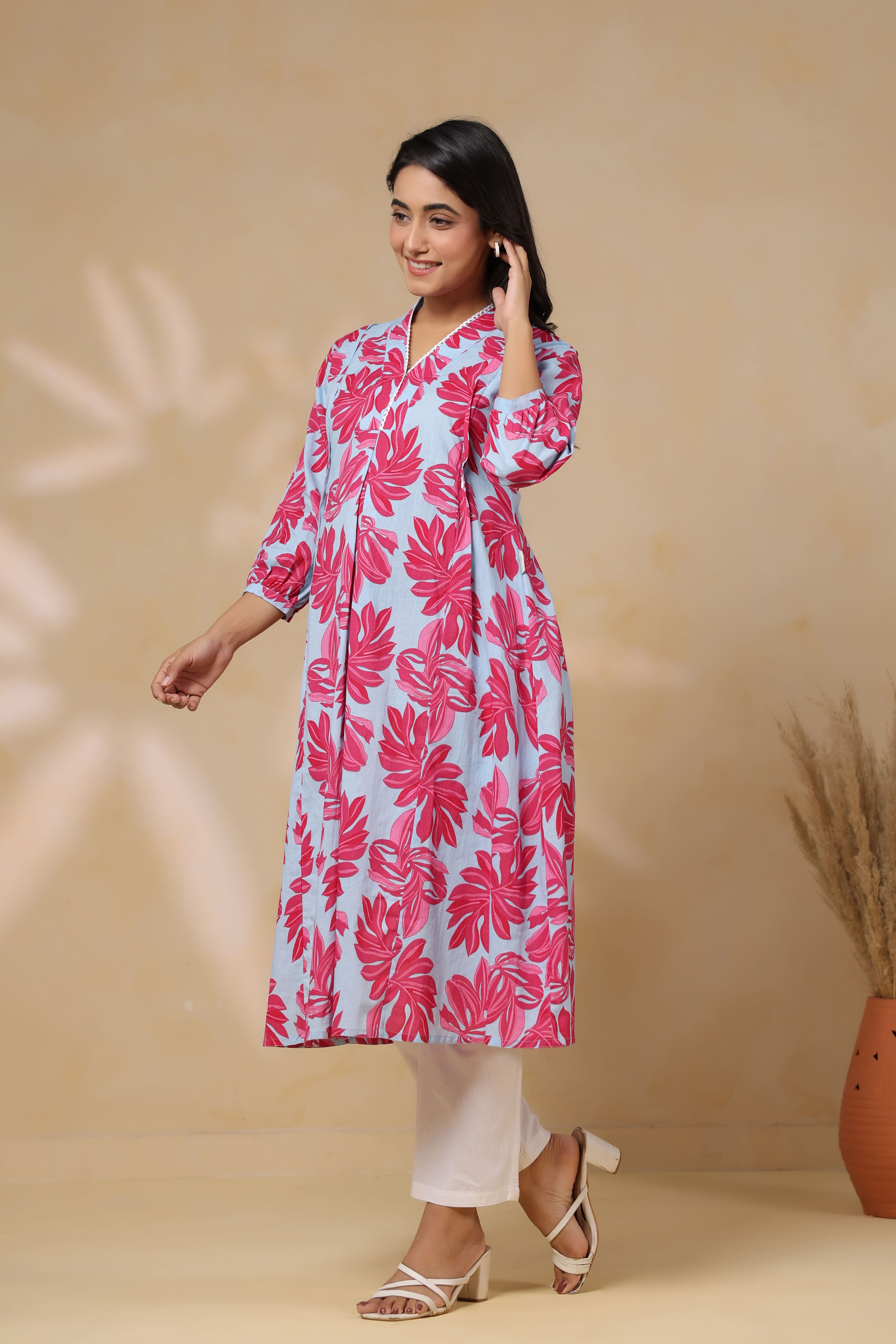 Cool Grey Leafy Cotton Maternity - Nursing Kurta