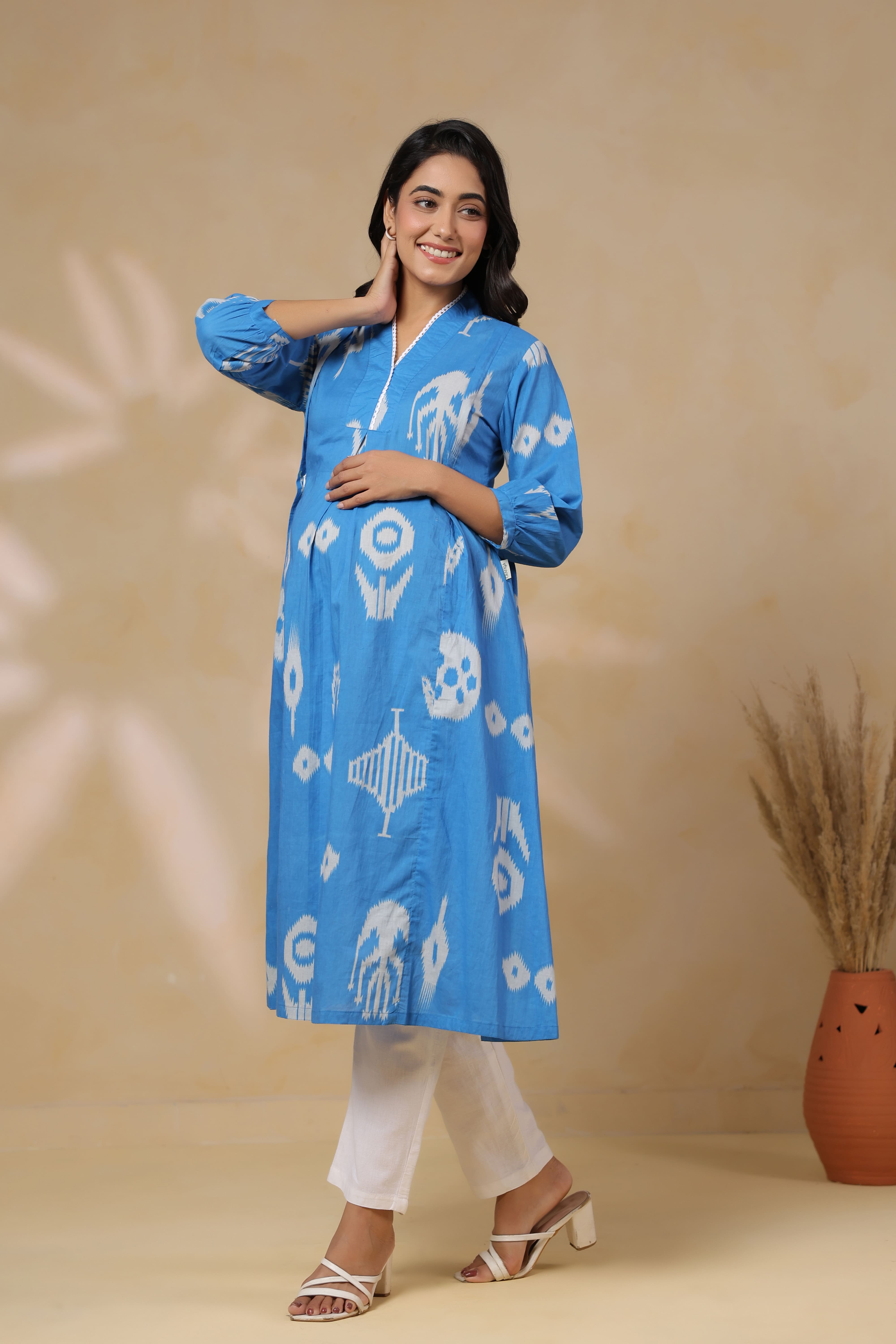 Azure Classic Ikat Cotton Maternity - Nursing Kurta