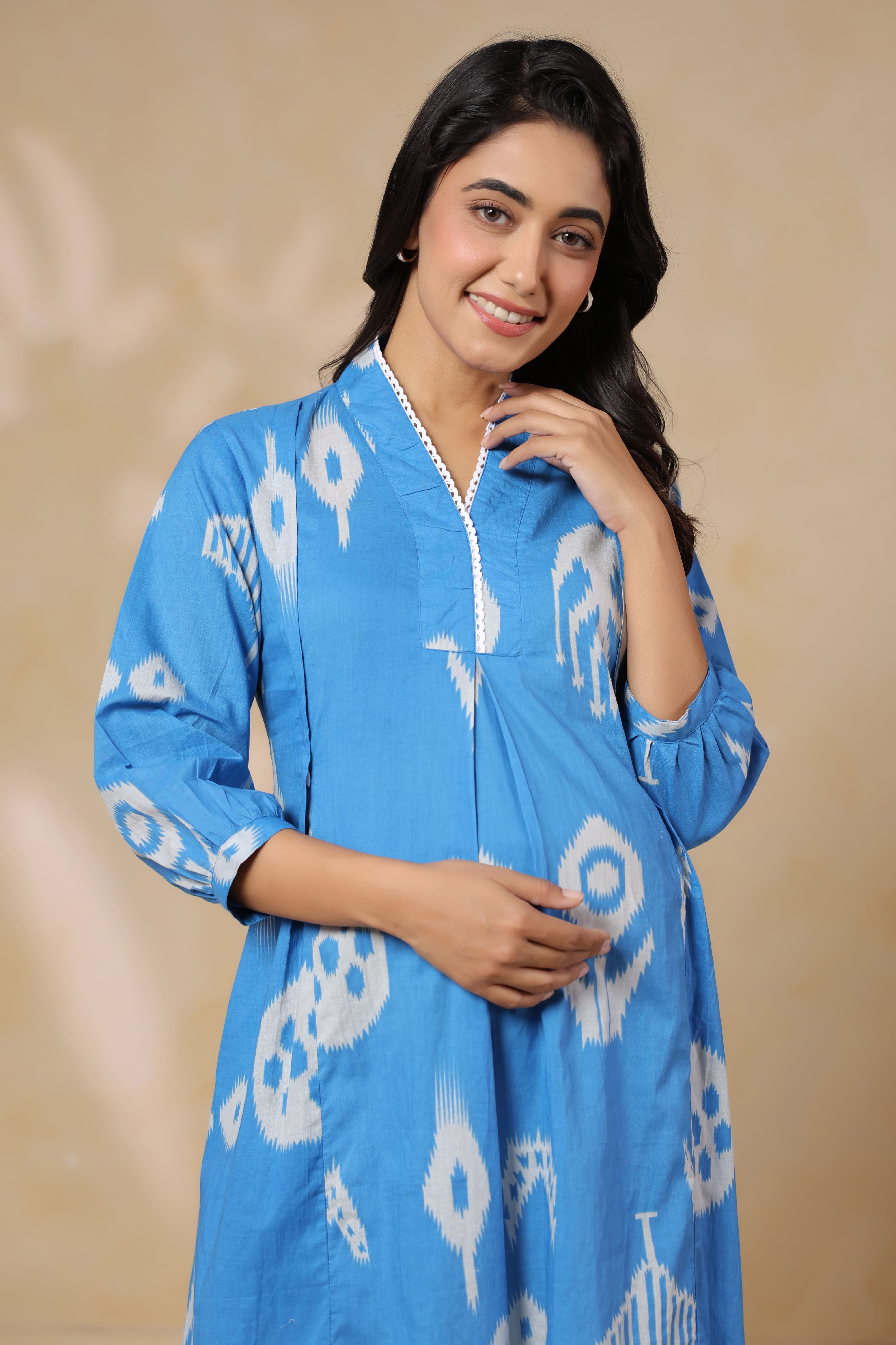 Azure Classic Ikat Cotton Maternity - Nursing Dress