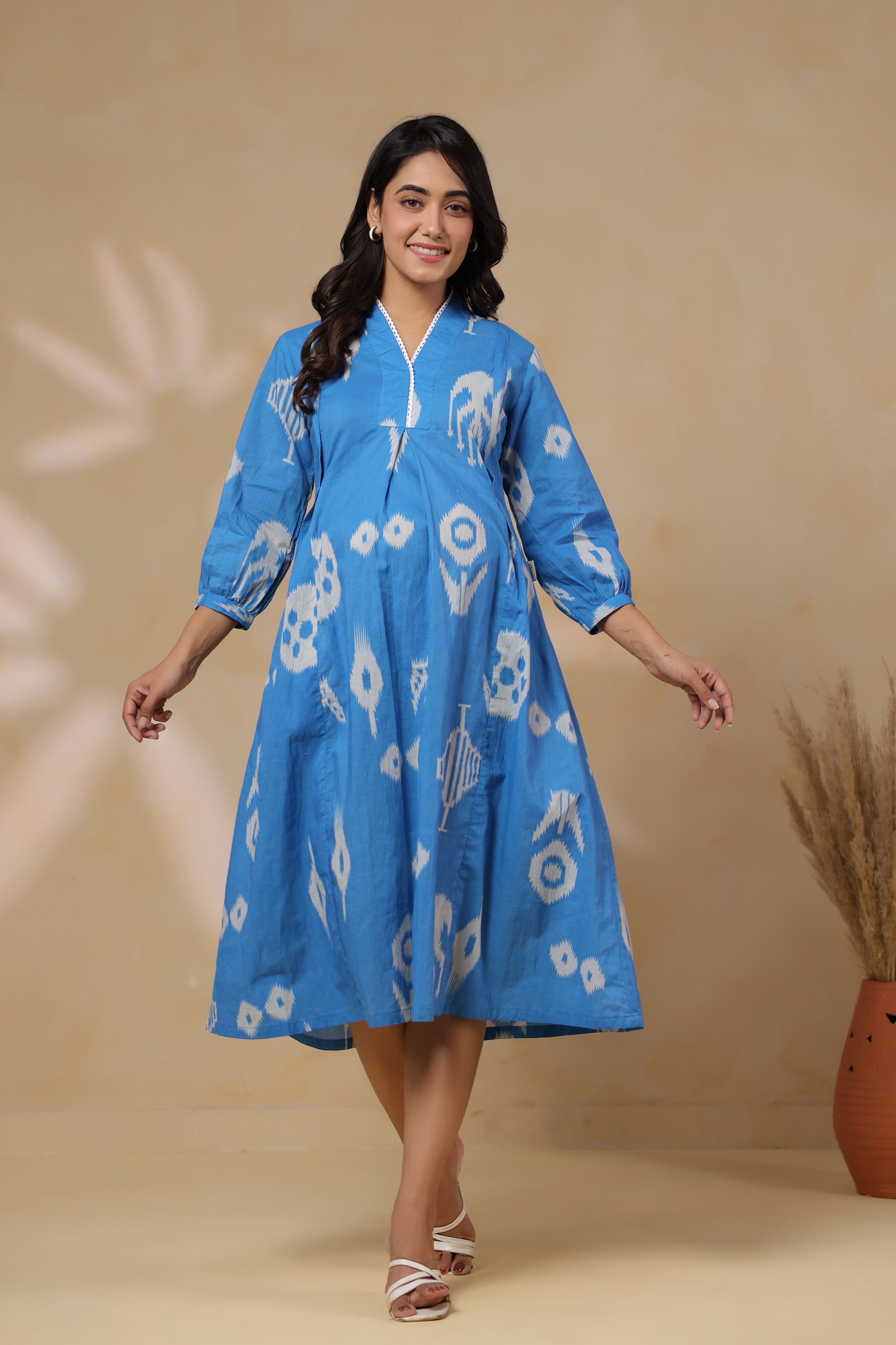 Azure Classic Ikat Cotton Maternity - Nursing Dress