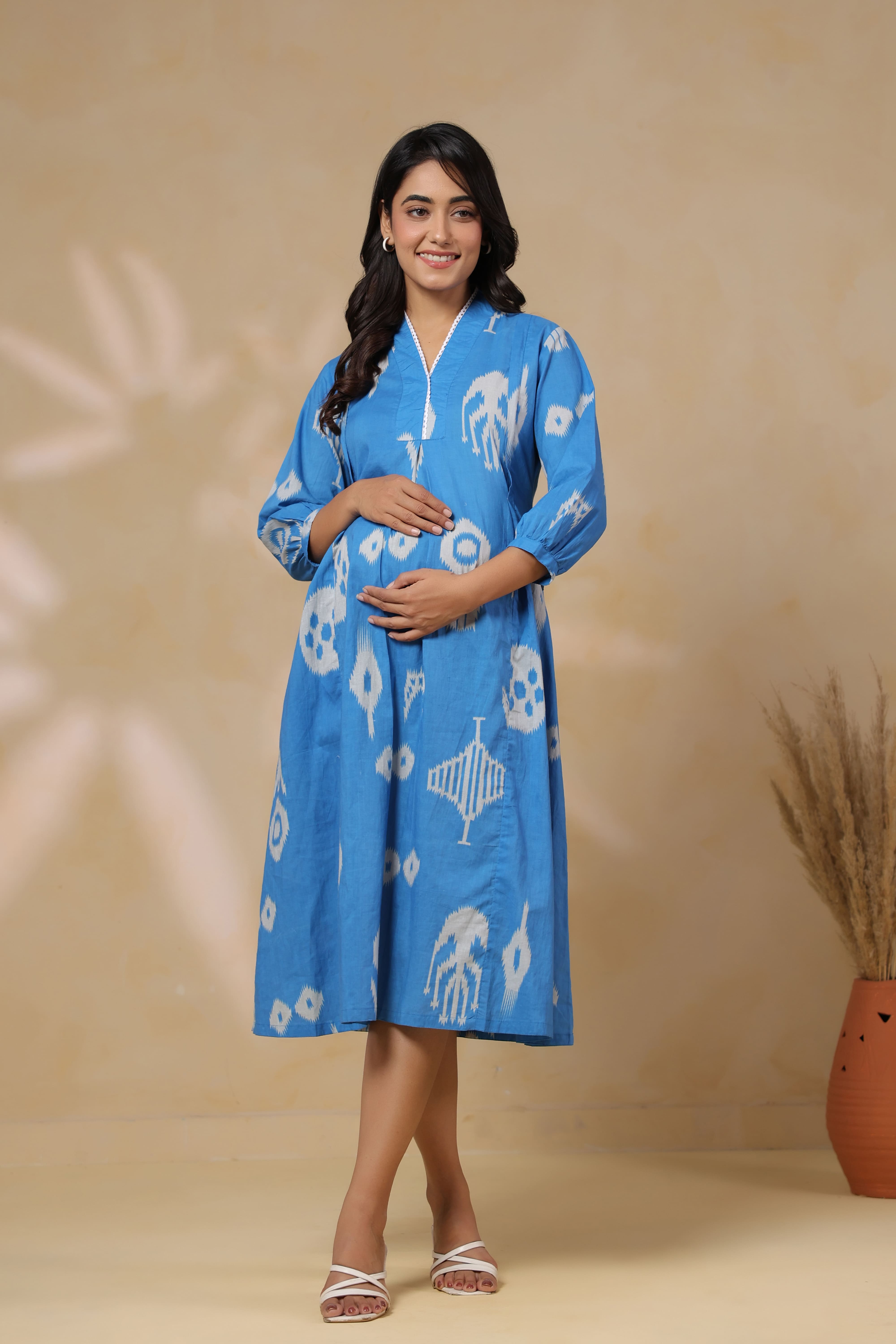 Azure Classic Ikat Cotton Maternity - Nursing Dress