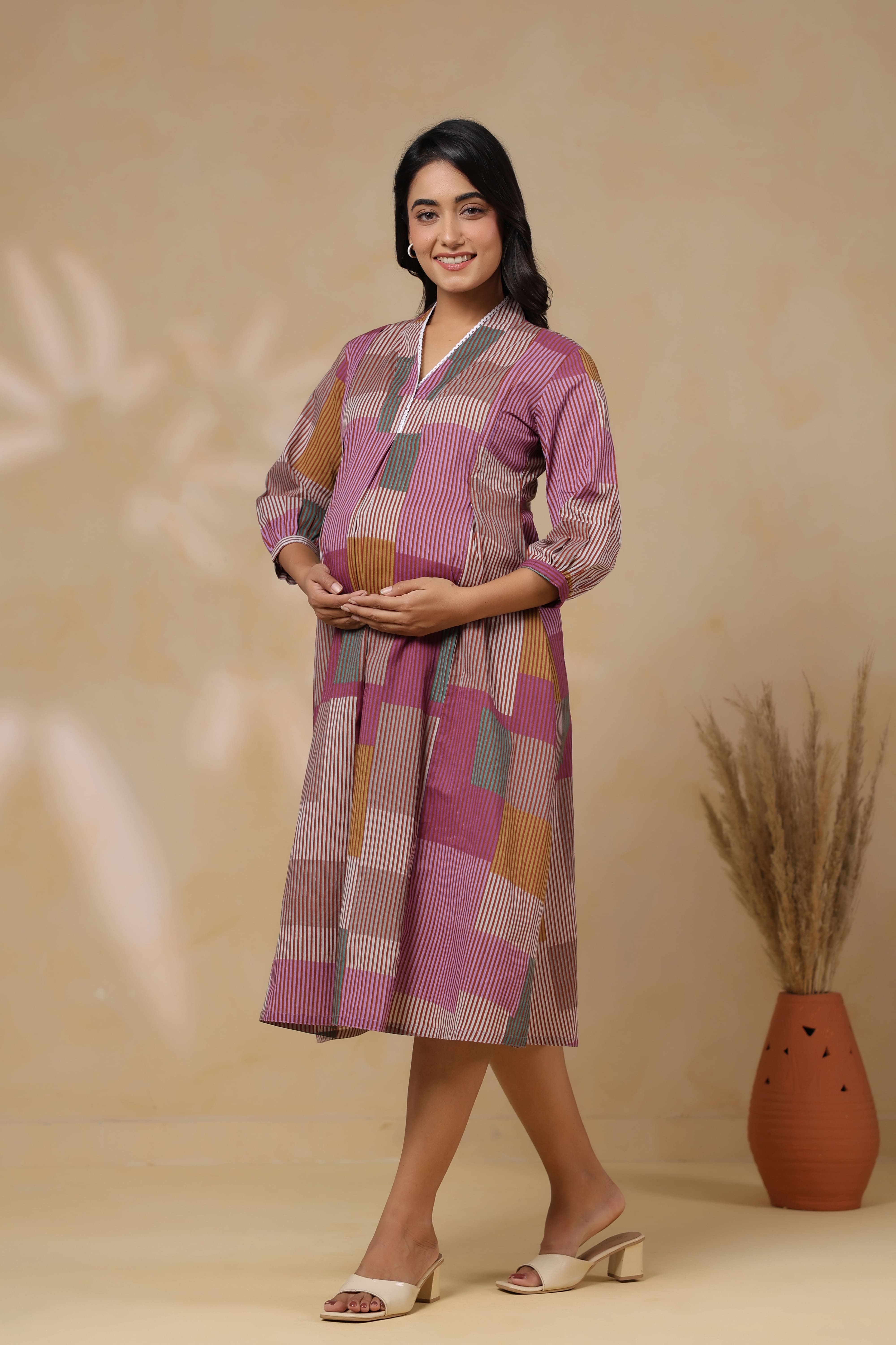 Mauve Multi Panelled Cotton Maternity - Nursing Dress