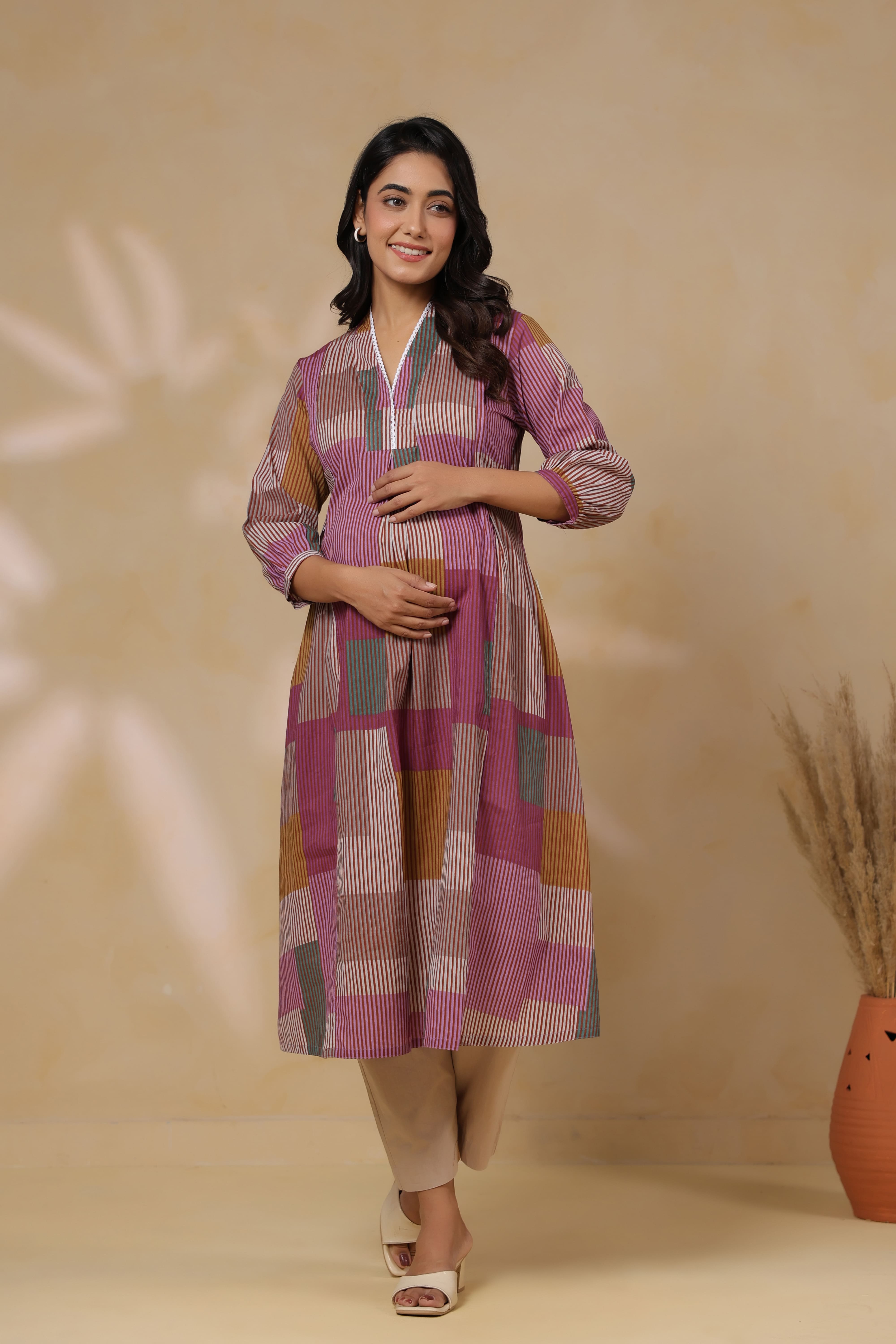 Mauve Multi Panelled Cotton Maternity - Nursing Kurta