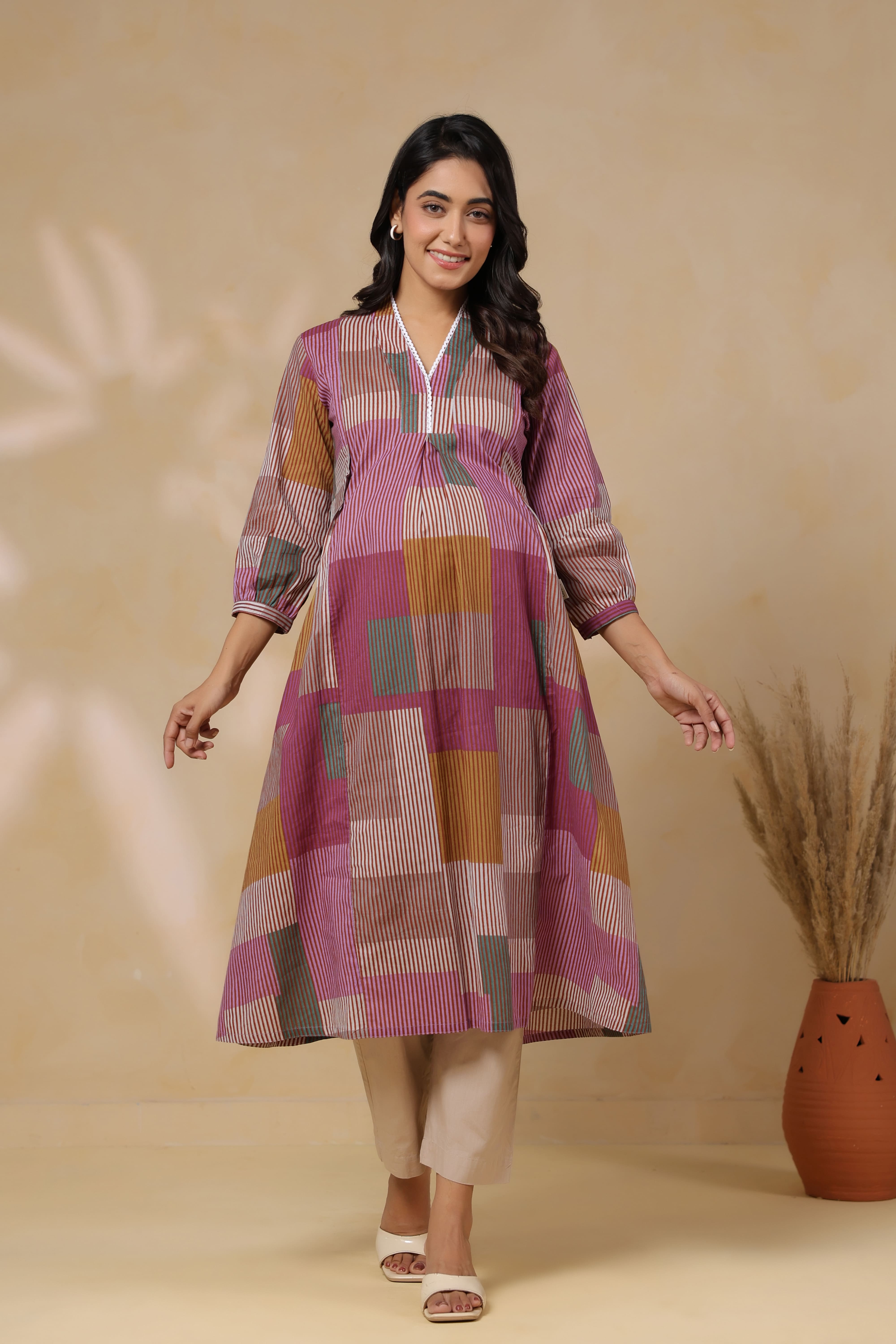 Mauve Multi Panelled Cotton Maternity - Nursing Kurta