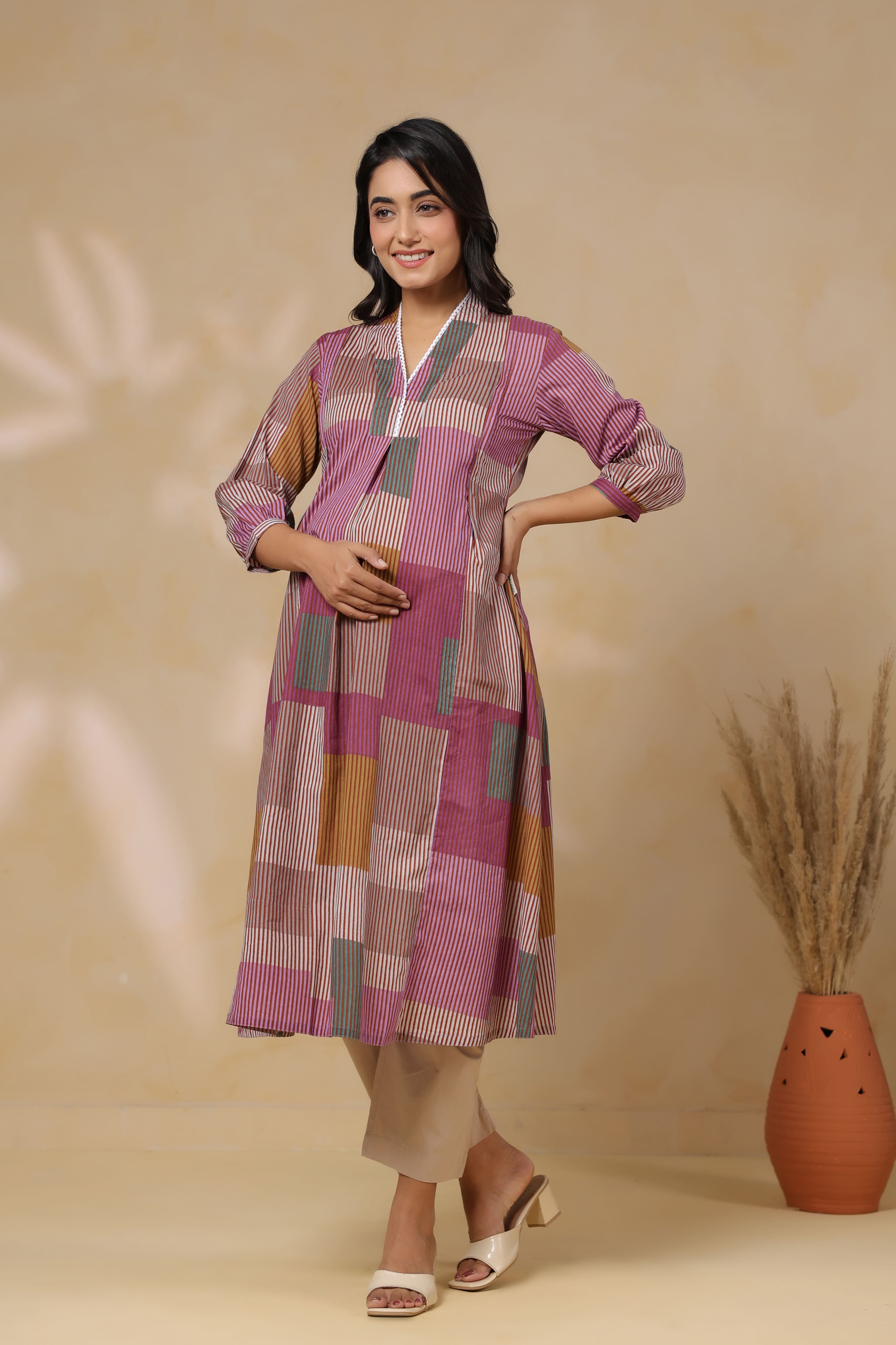 Mauve Multi Panelled Cotton Maternity - Nursing Kurta