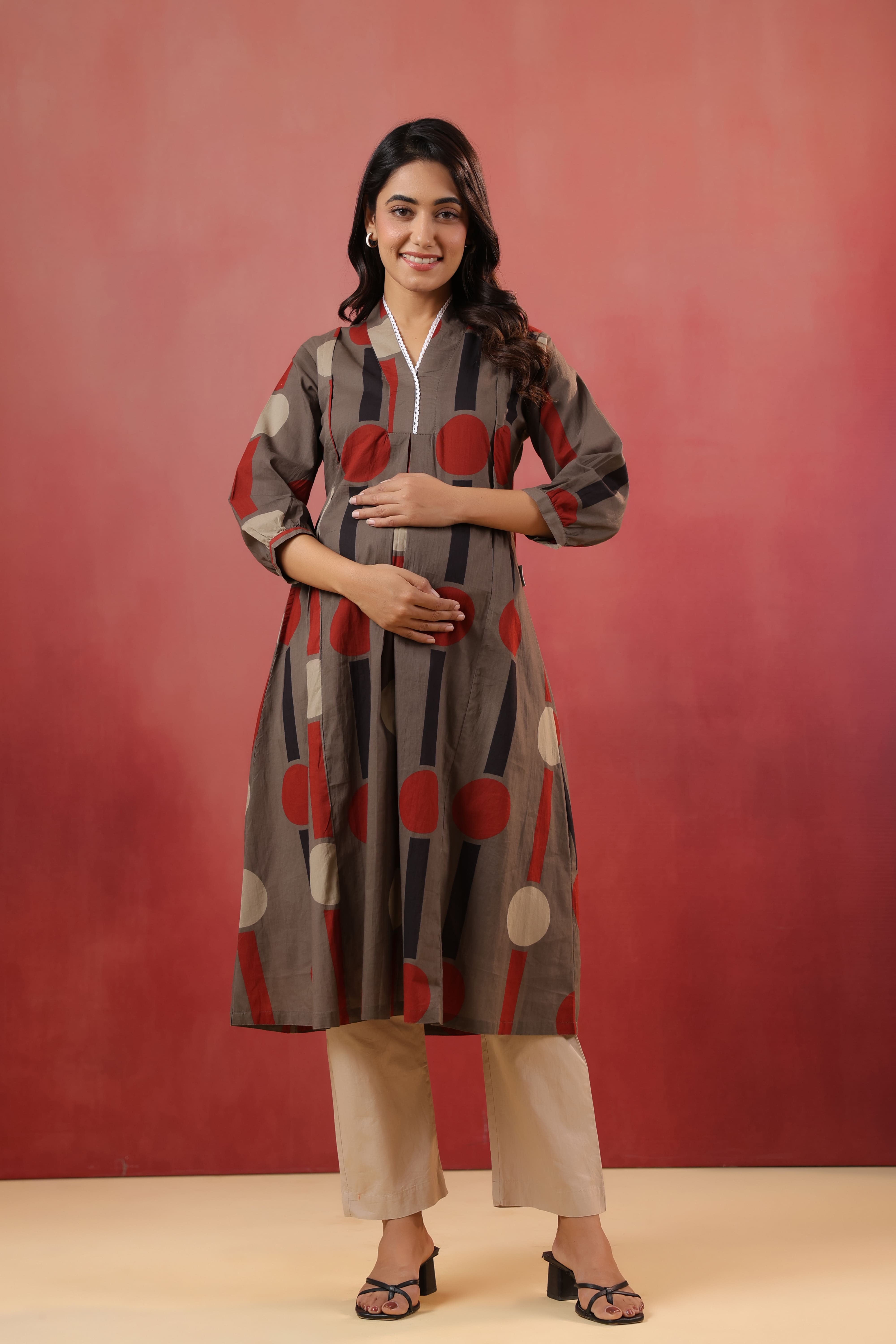 Mocha Geometric Ajrakh Cotton Maternity - Nursing Kurta