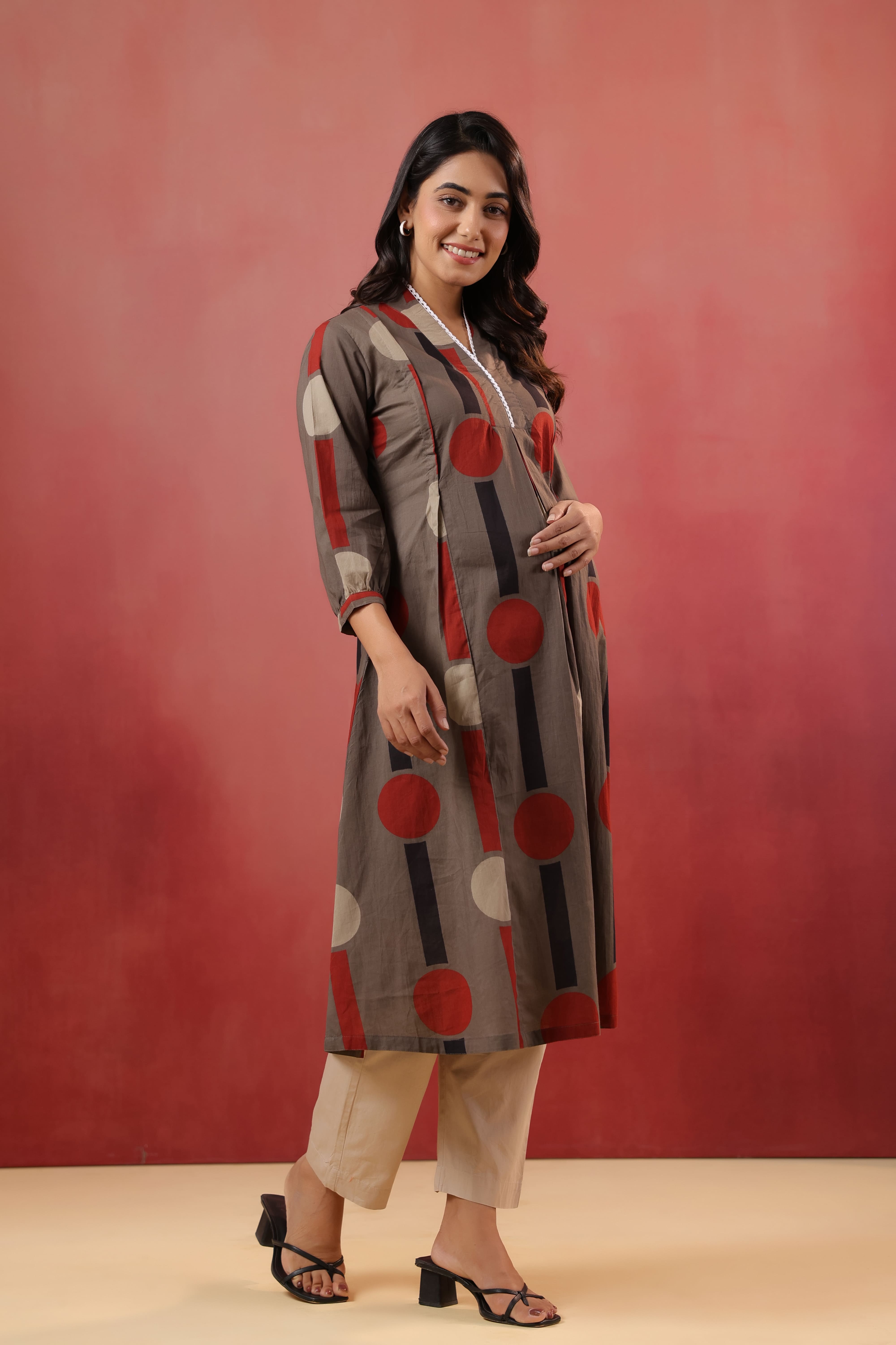 Mocha Geometric Ajrakh Cotton Maternity - Nursing Kurta
