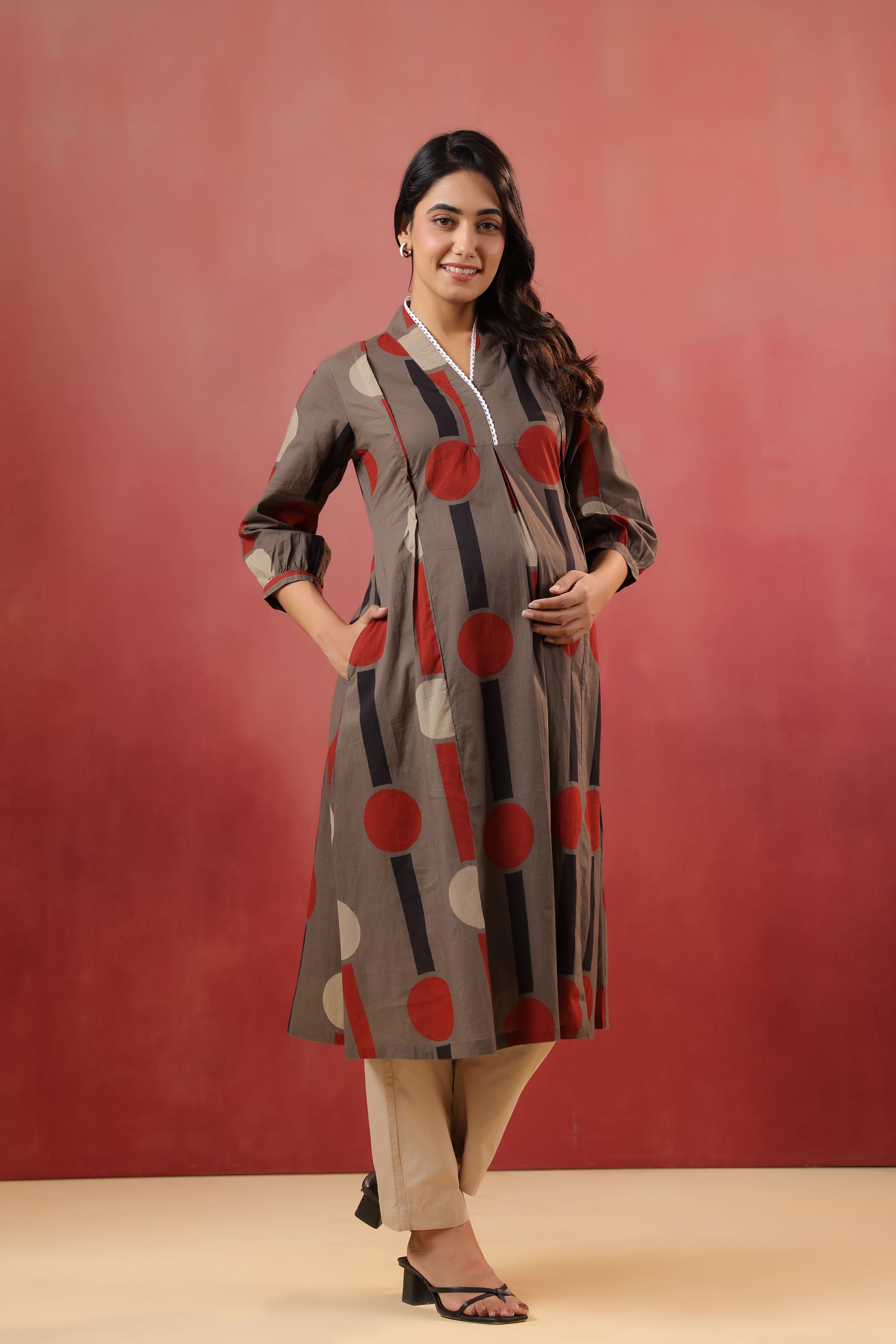 Mocha Geometric Ajrakh Cotton Maternity - Nursing Kurta