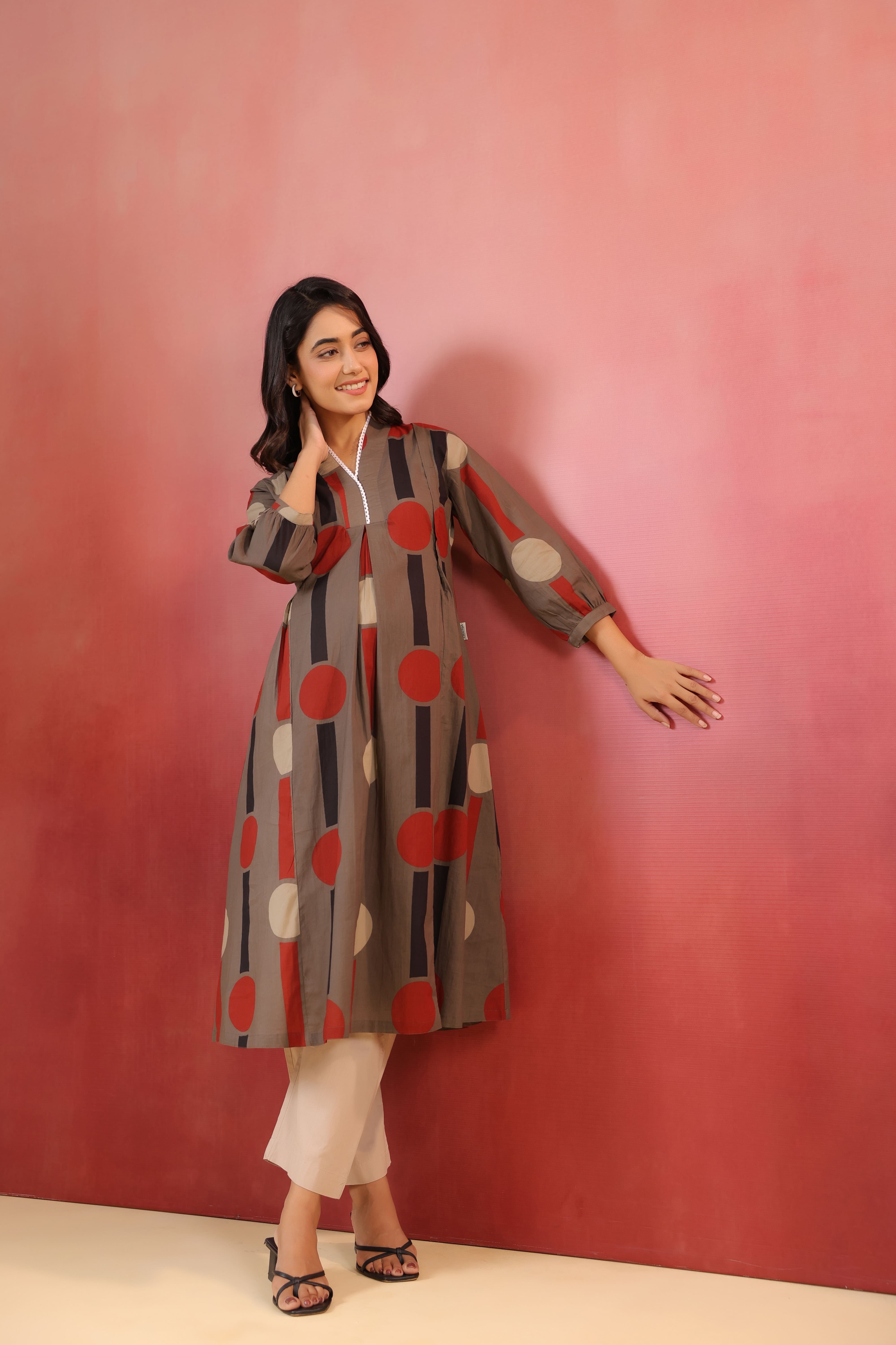 Mocha Geometric Ajrakh Cotton Maternity - Nursing Kurta