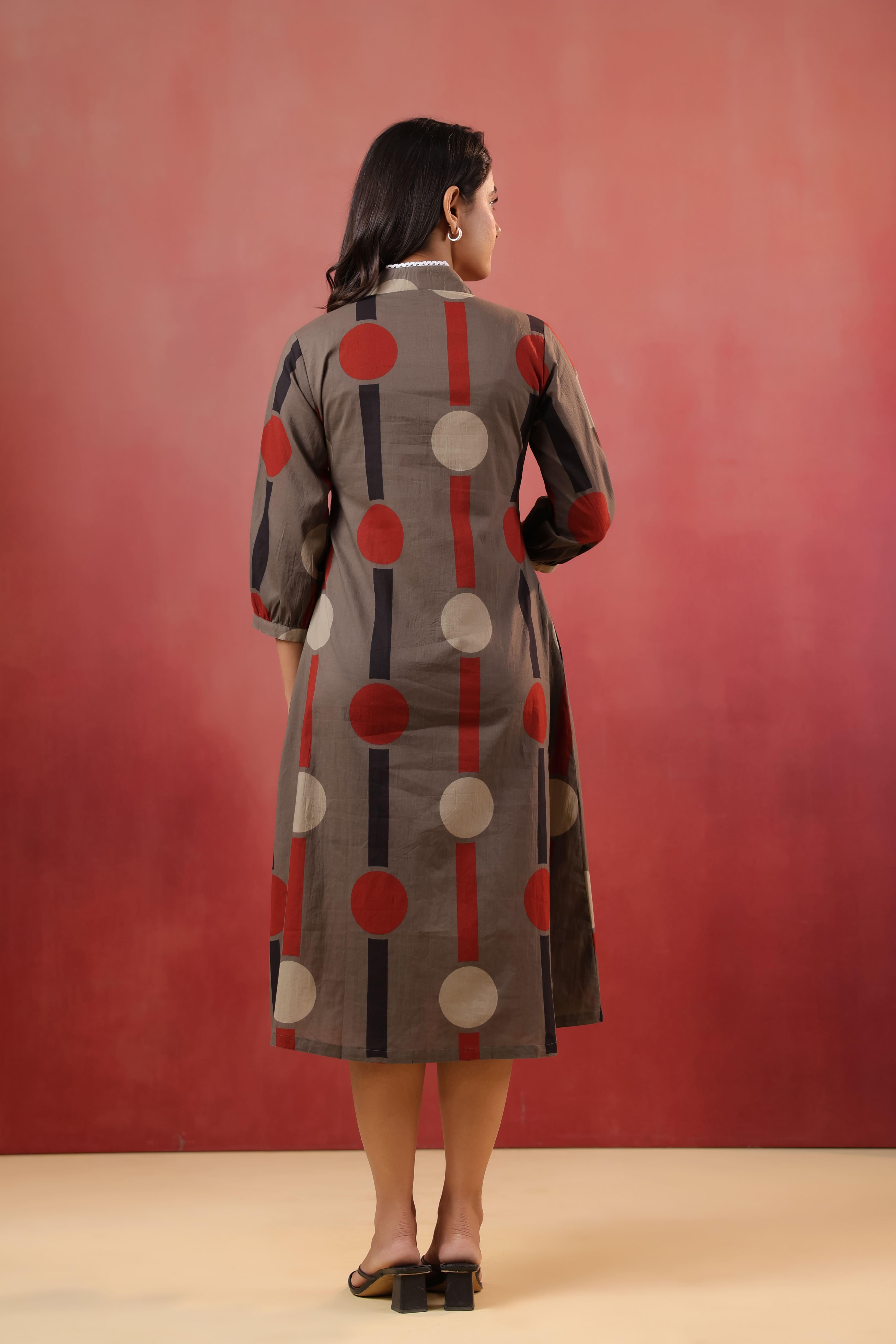 Mocha Geometric Ajrakh Cotton Maternity - Nursing Dress