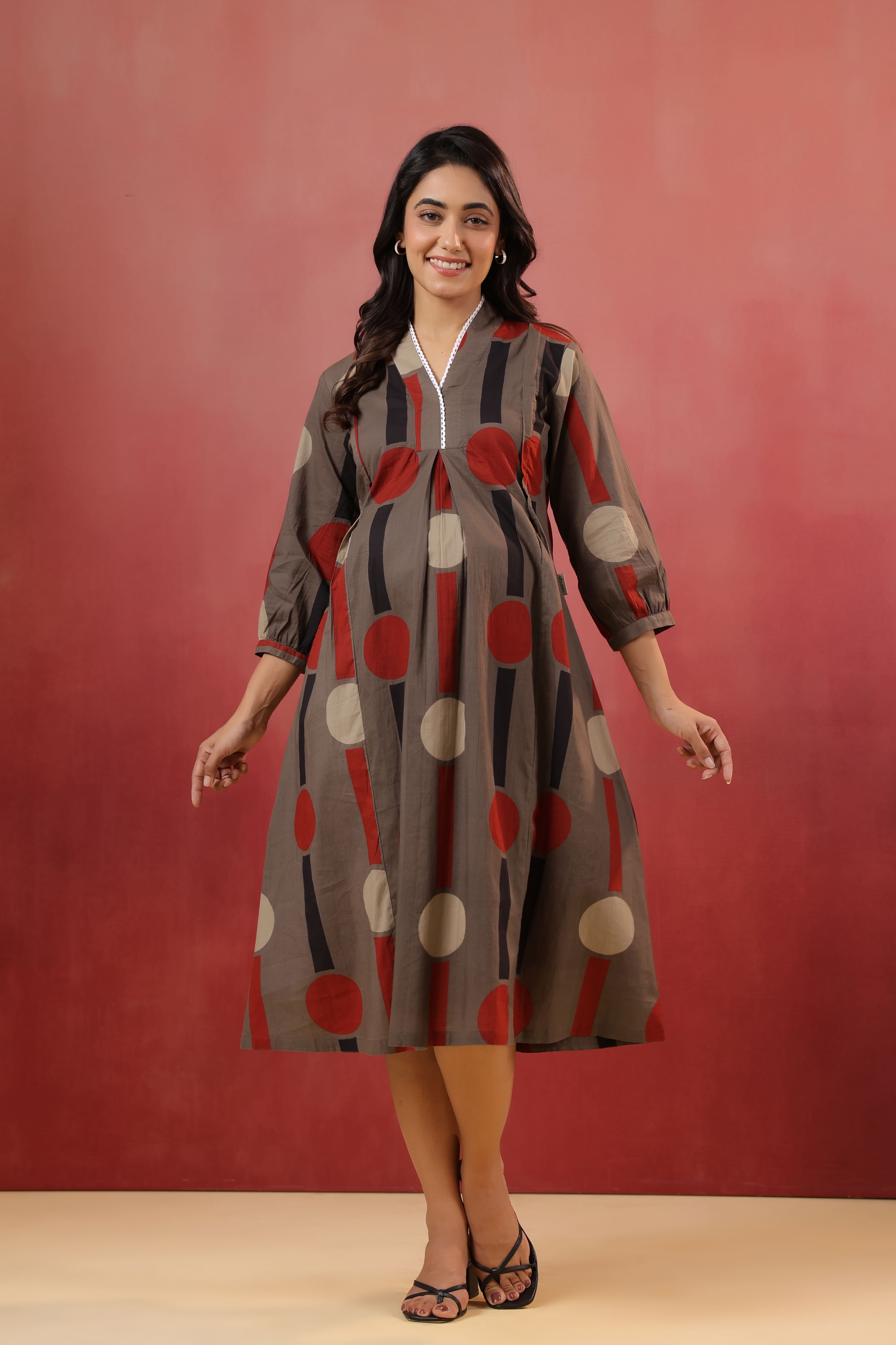 Mocha Geometric Ajrakh Cotton Maternity - Nursing Dress