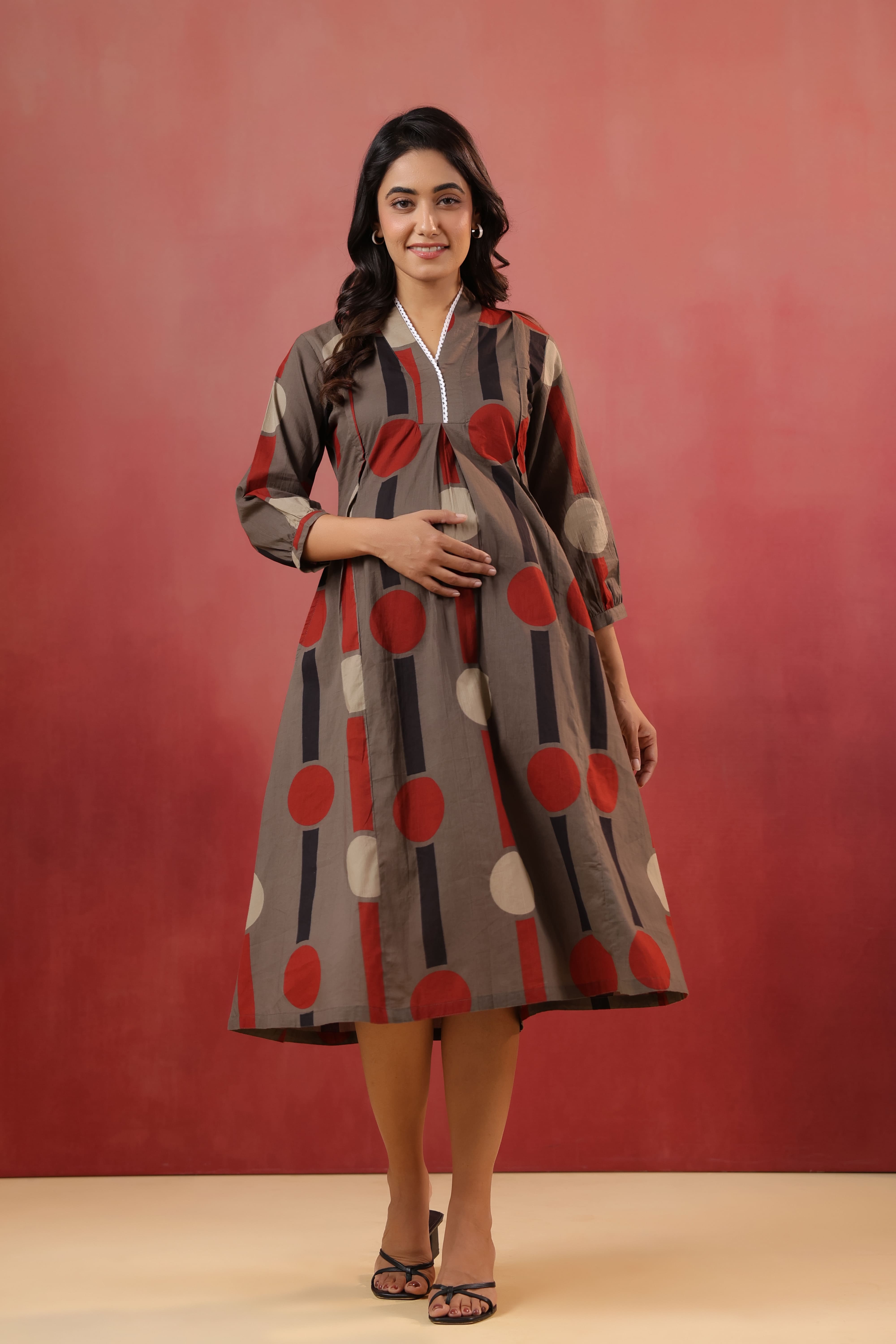 Mocha Geometric Ajrakh Cotton Maternity - Nursing Dress