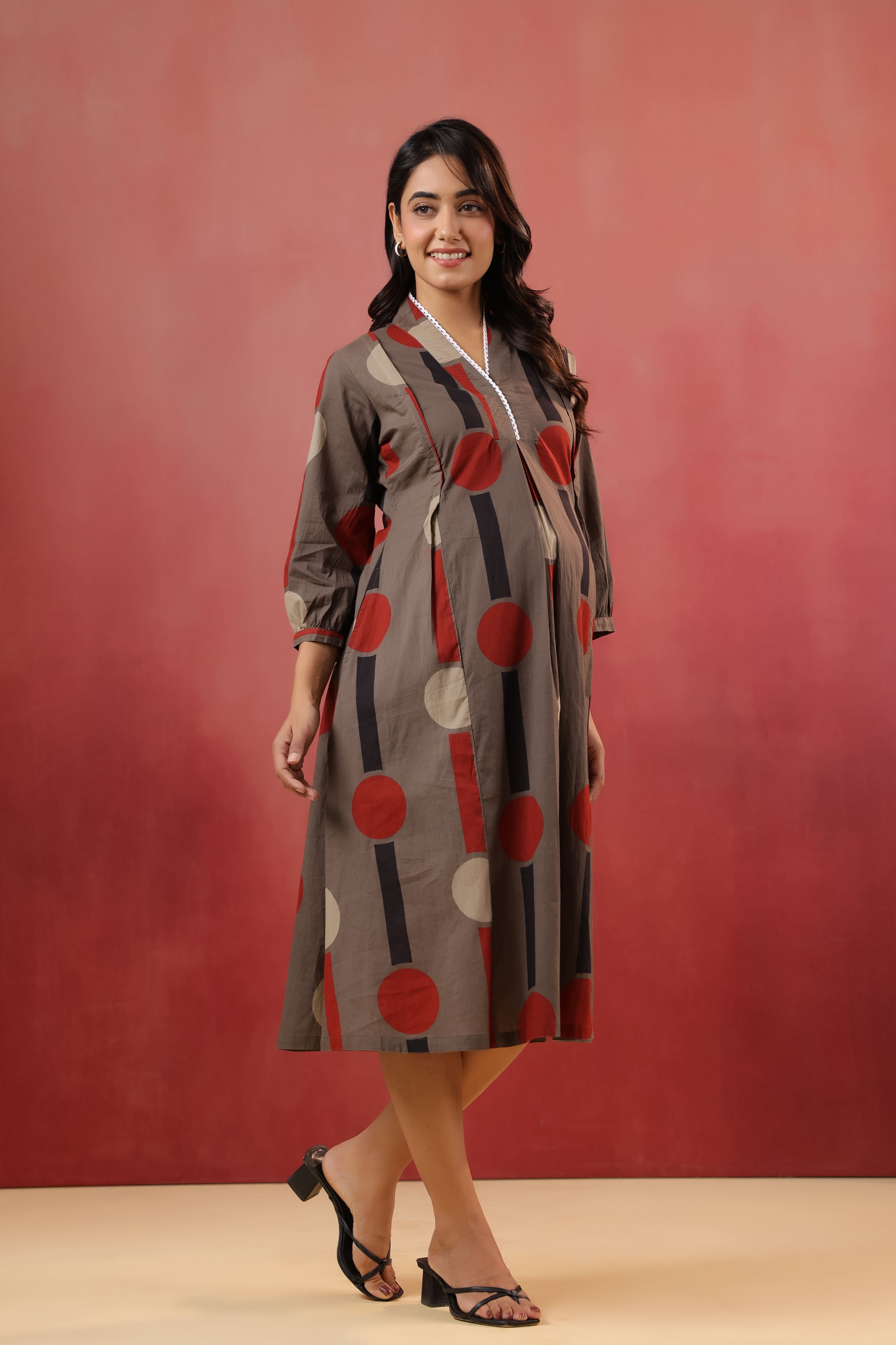 Mocha Geometric Ajrakh Cotton Maternity - Nursing Dress