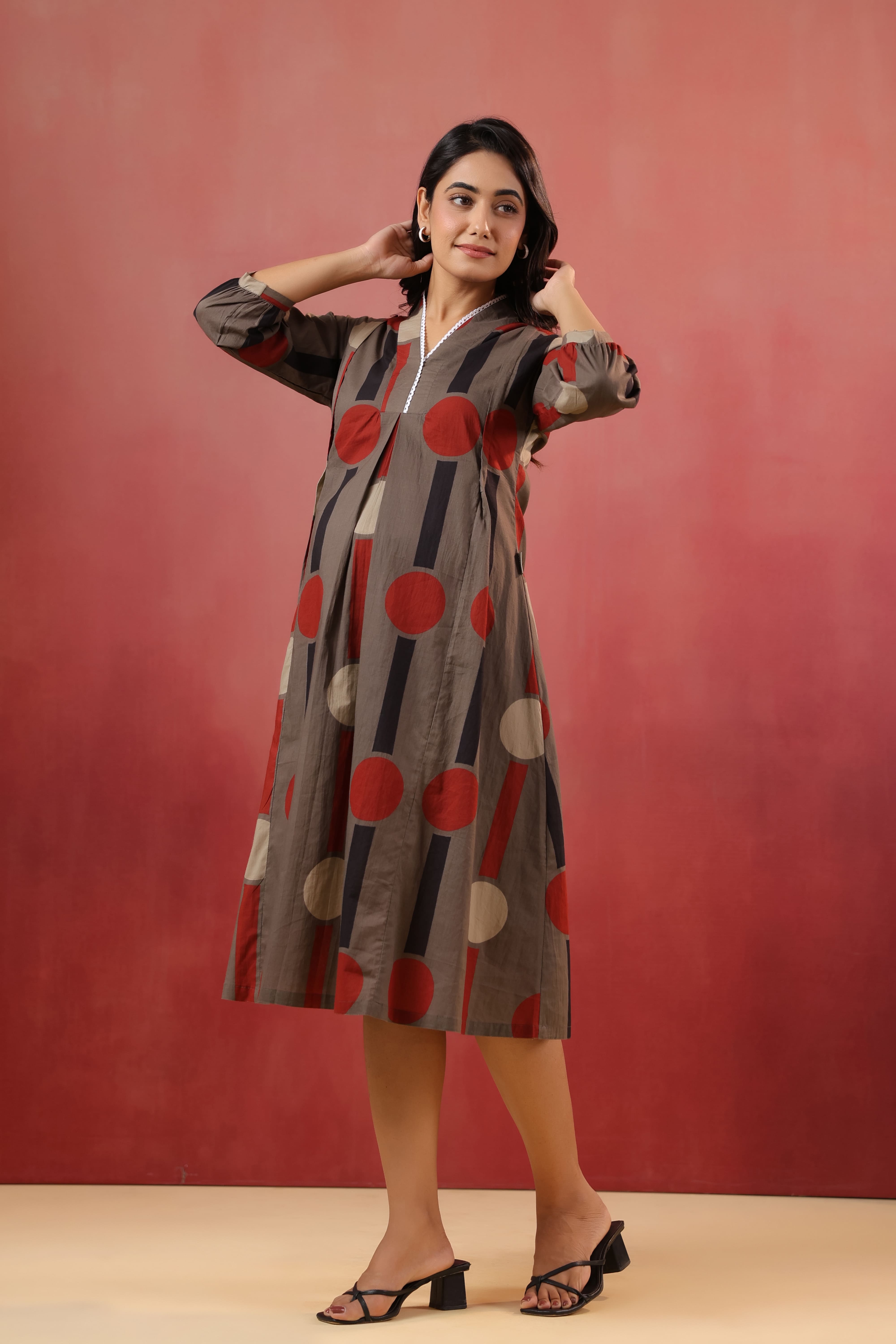 Mocha Geometric Ajrakh Cotton Maternity - Nursing Dress