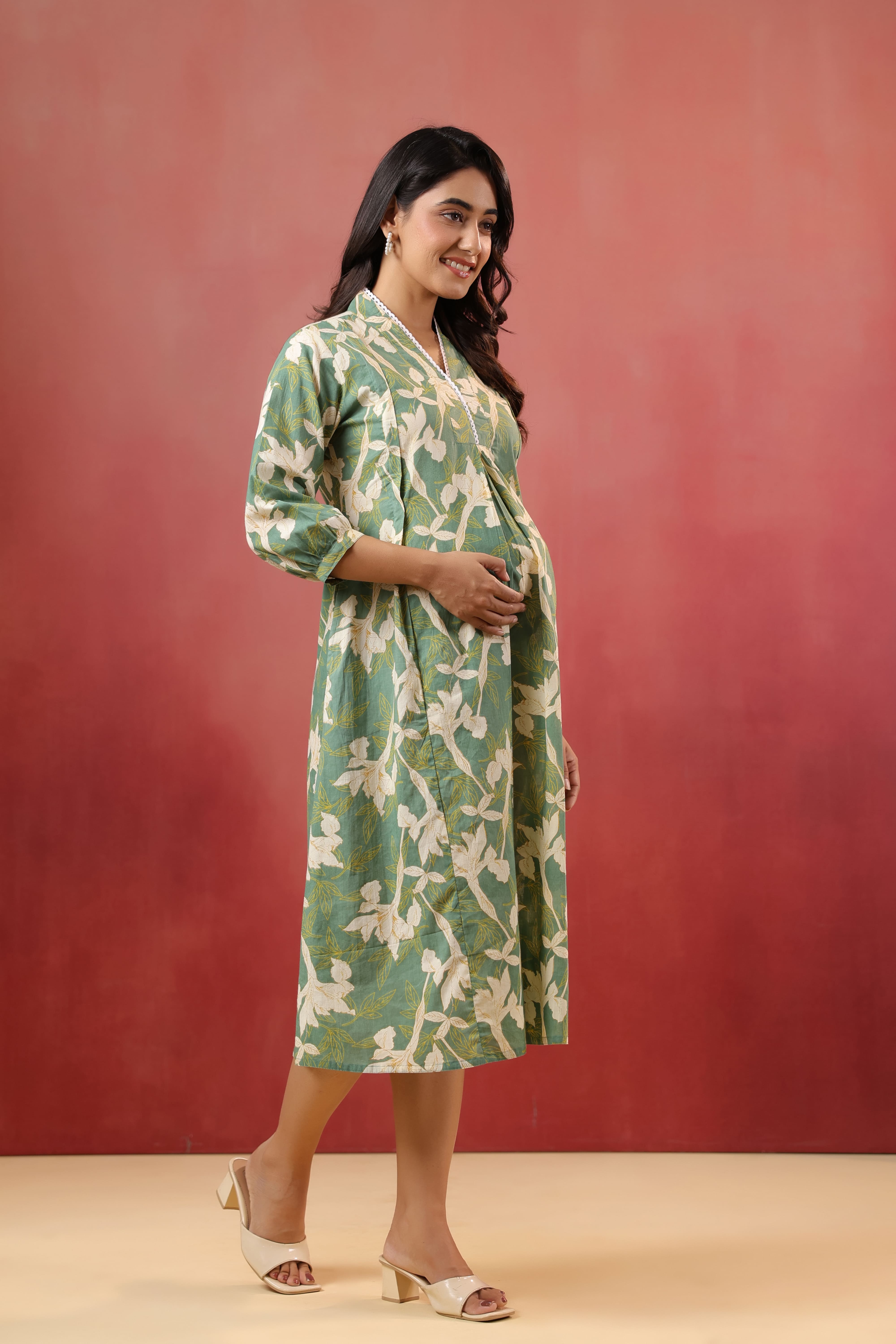 Fern Leaf Cotton Maternity - Nursing Dress