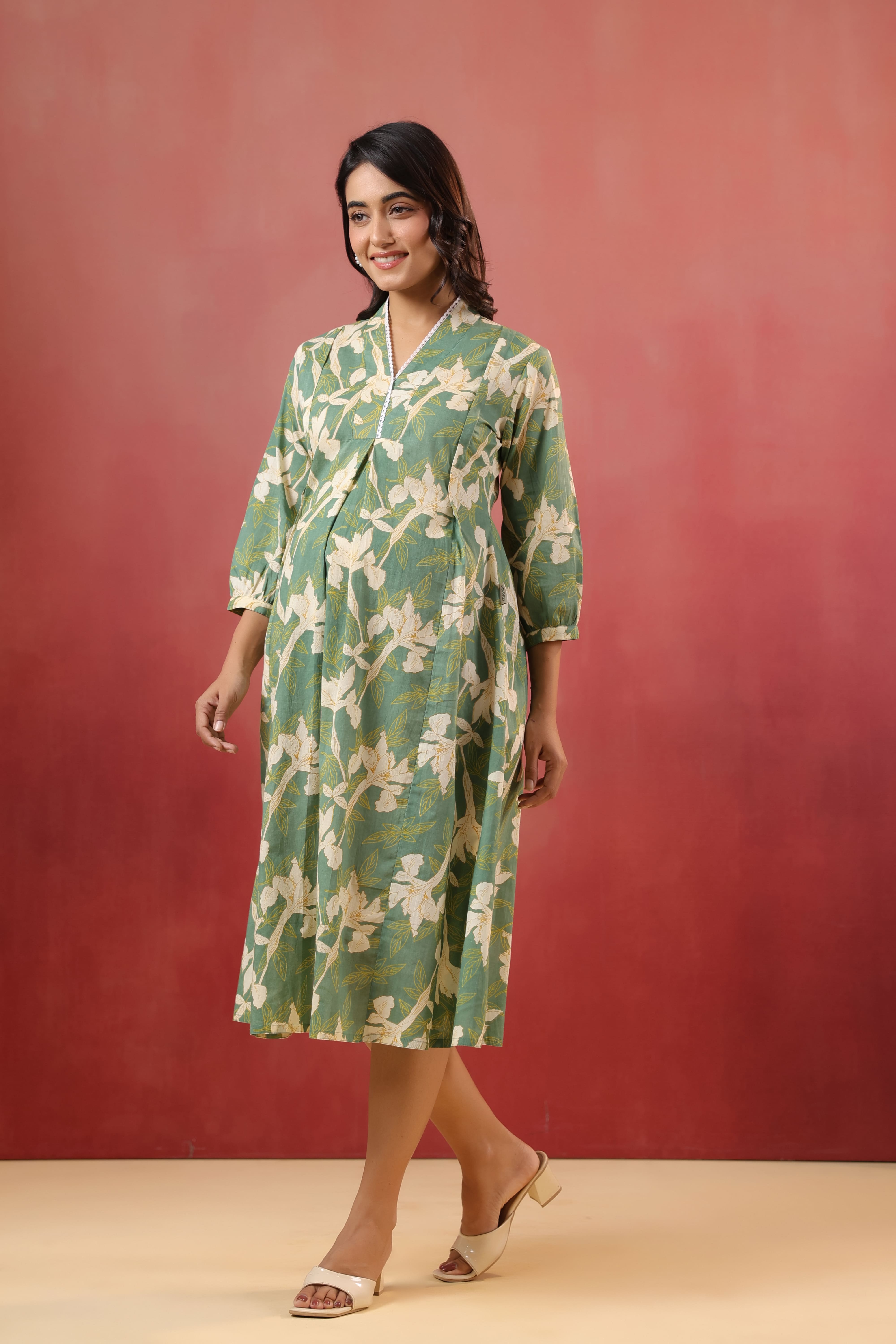 Fern Leaf Cotton Maternity - Nursing Dress