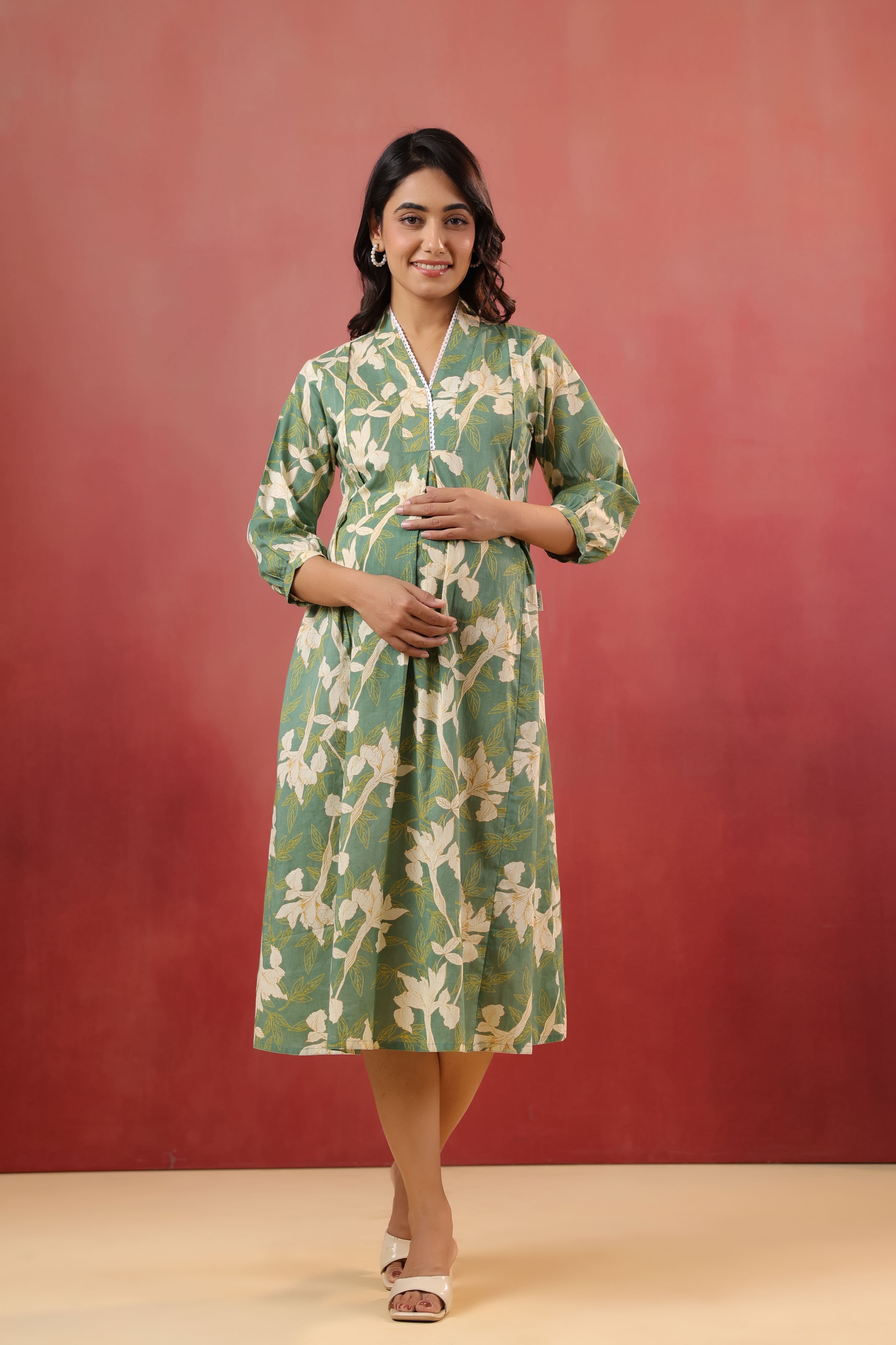 Fern Leaf Cotton Maternity - Nursing Dress