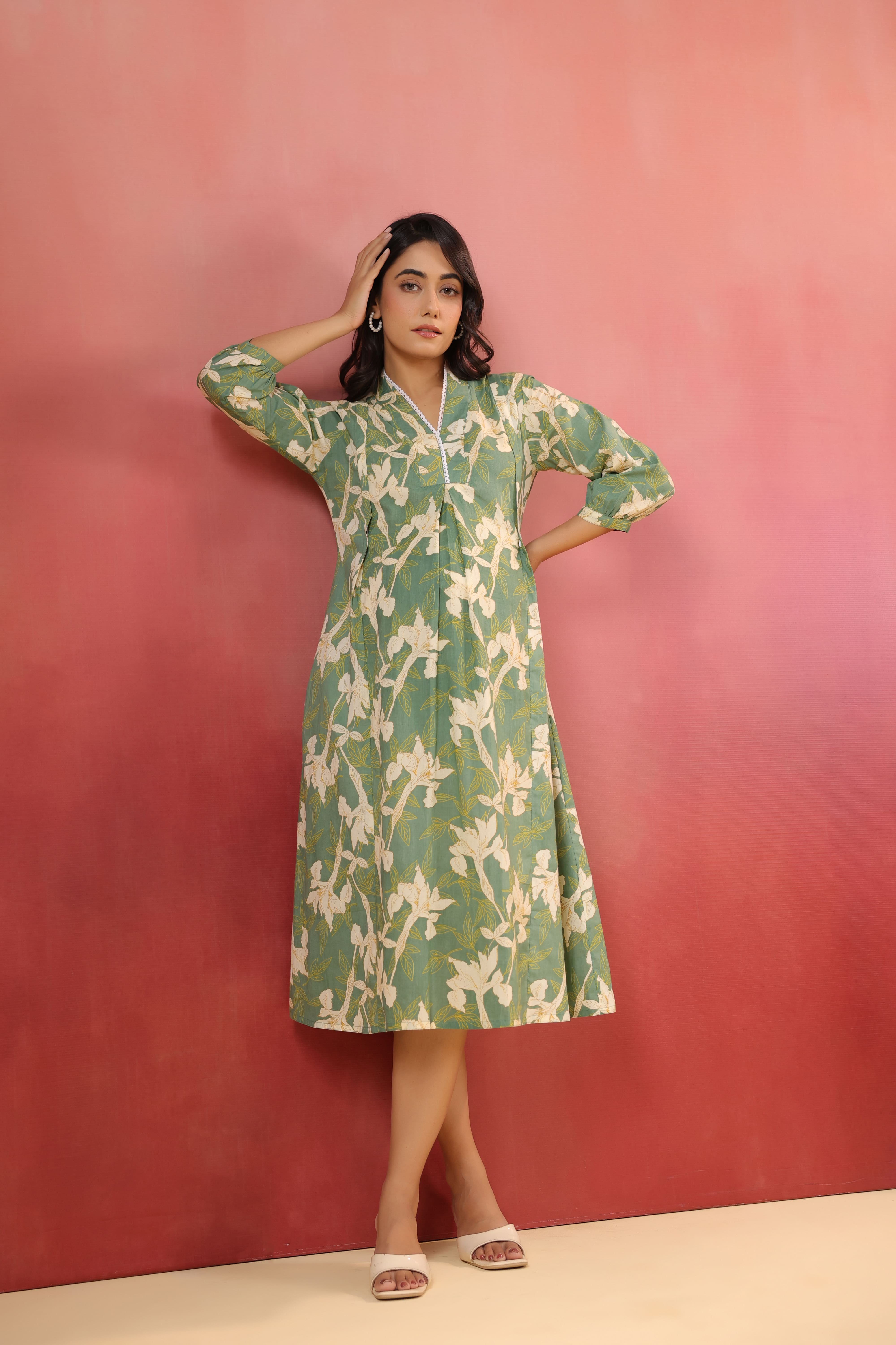 Fern Leaf Cotton Maternity - Nursing Dress