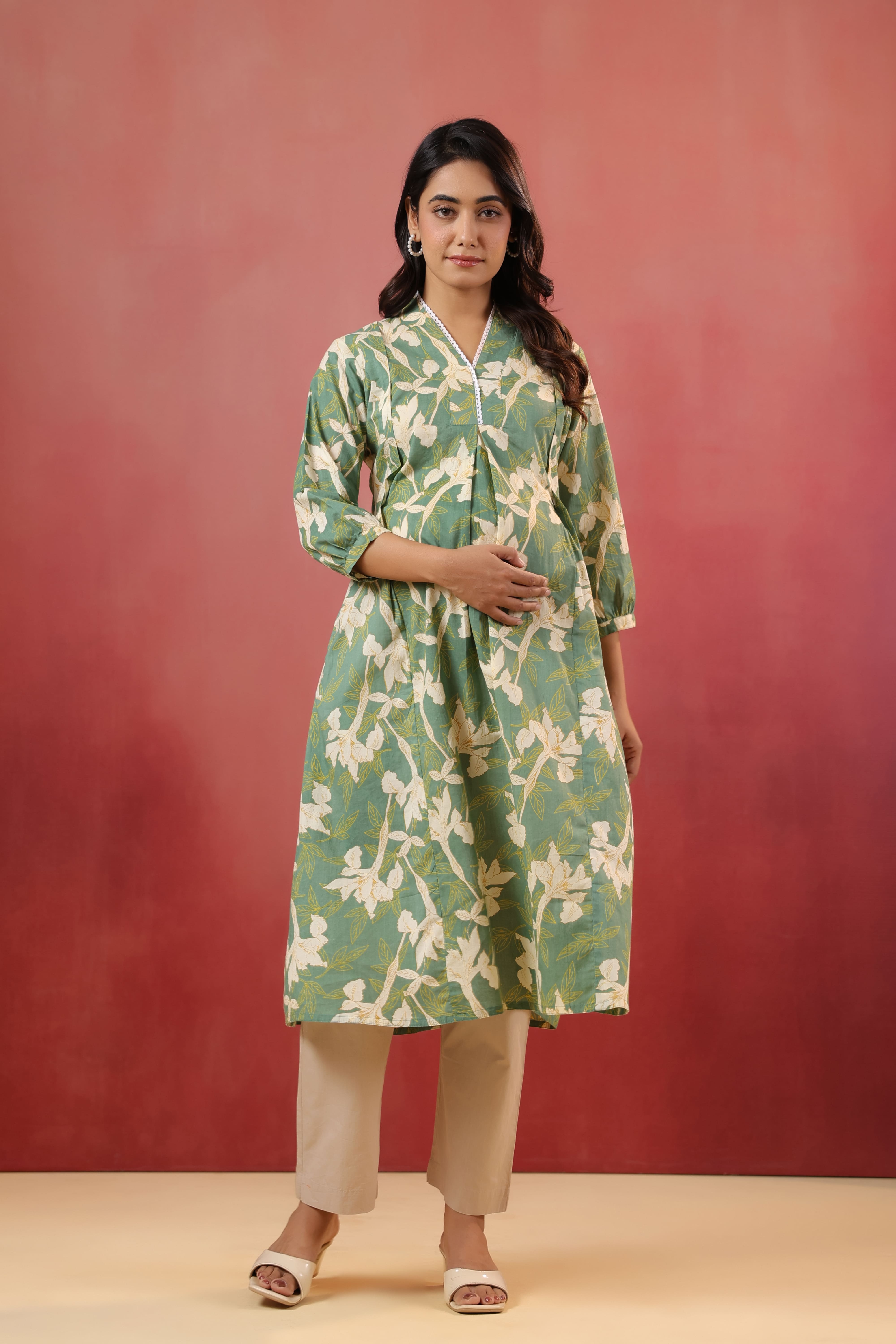 Fern Leaf Cotton Maternity - Nursing Kurta
