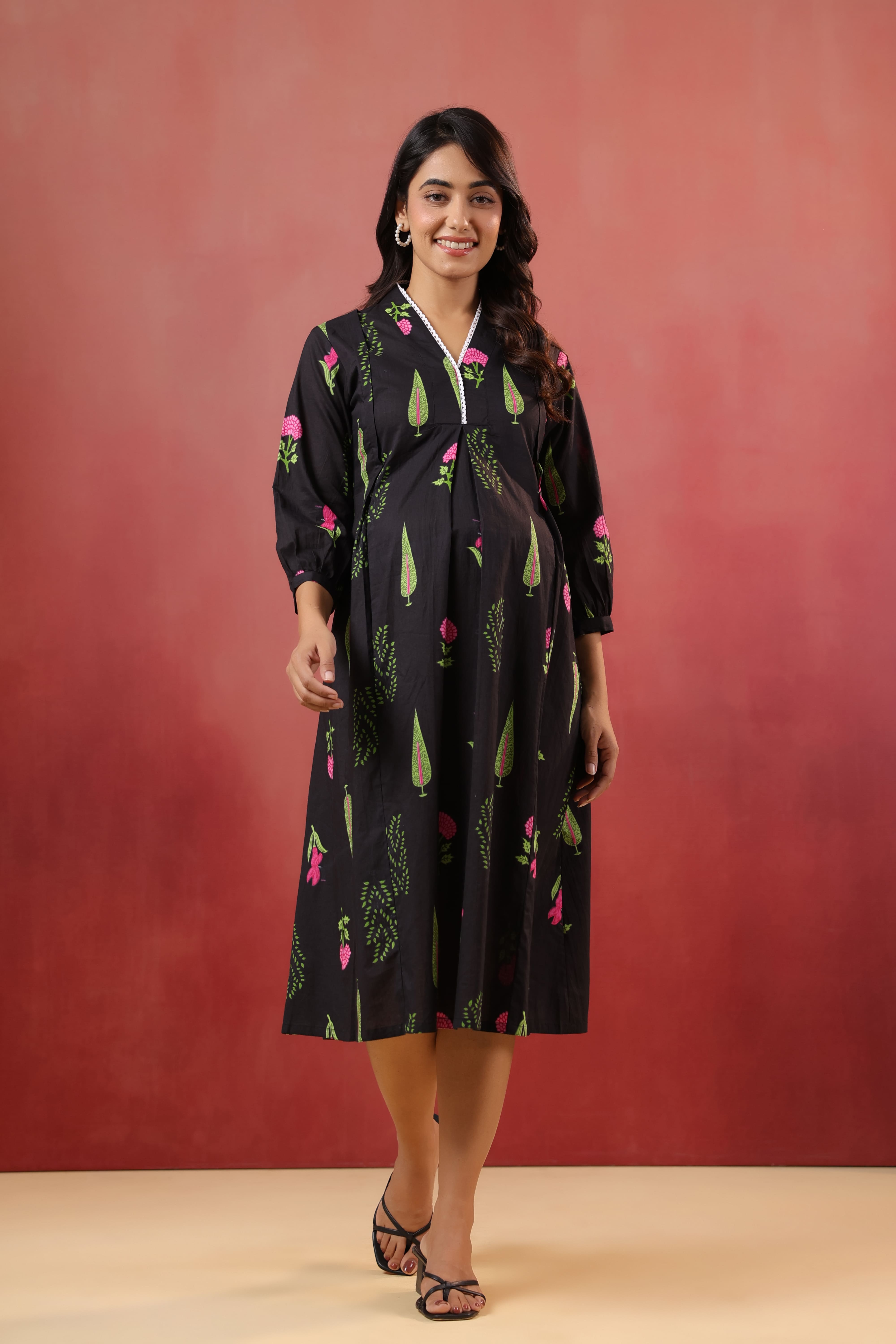 Power Black Mughal Boota Cotton Maternity - Nursing Dress