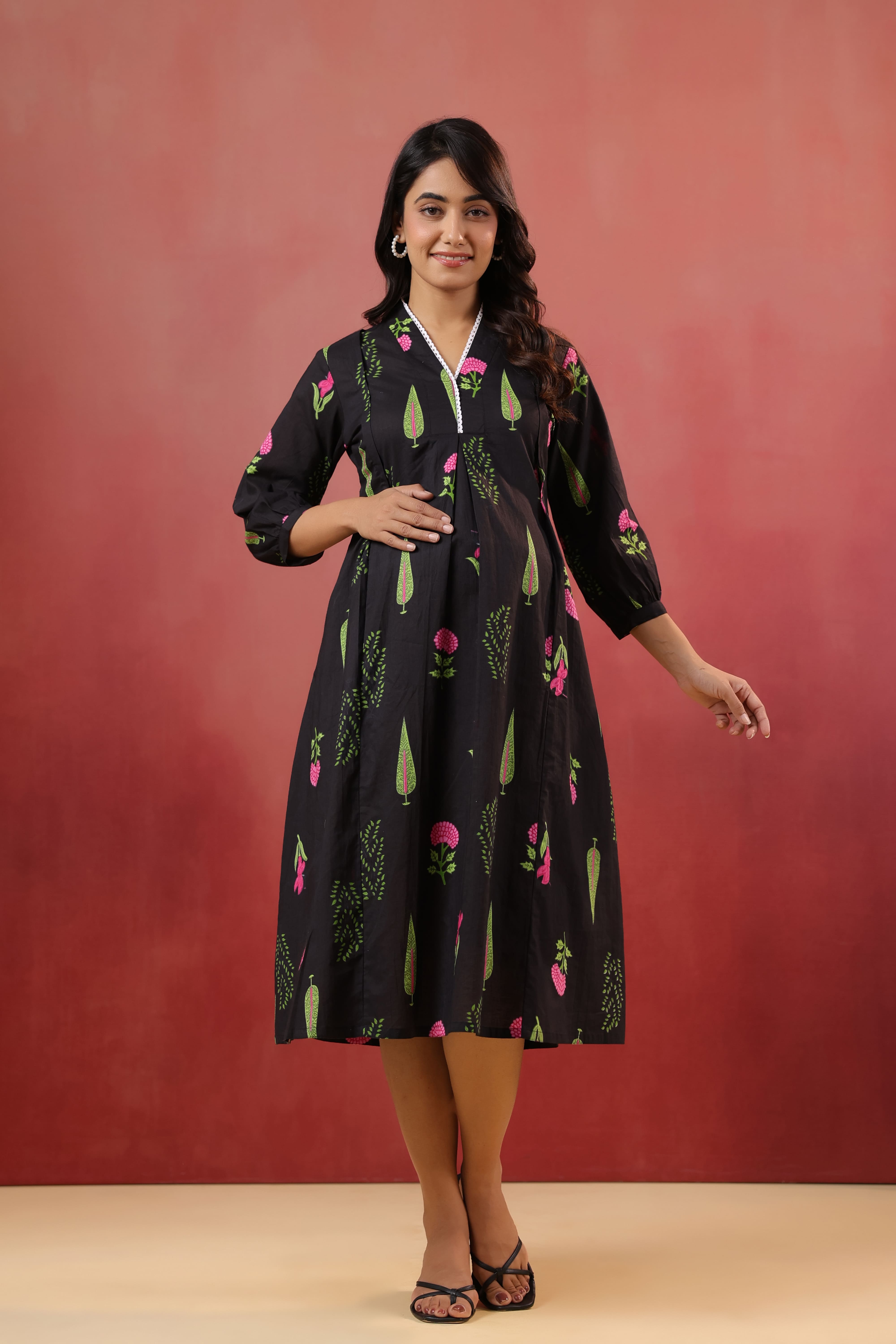 Power Black Mughal Boota Cotton Maternity - Nursing Dress