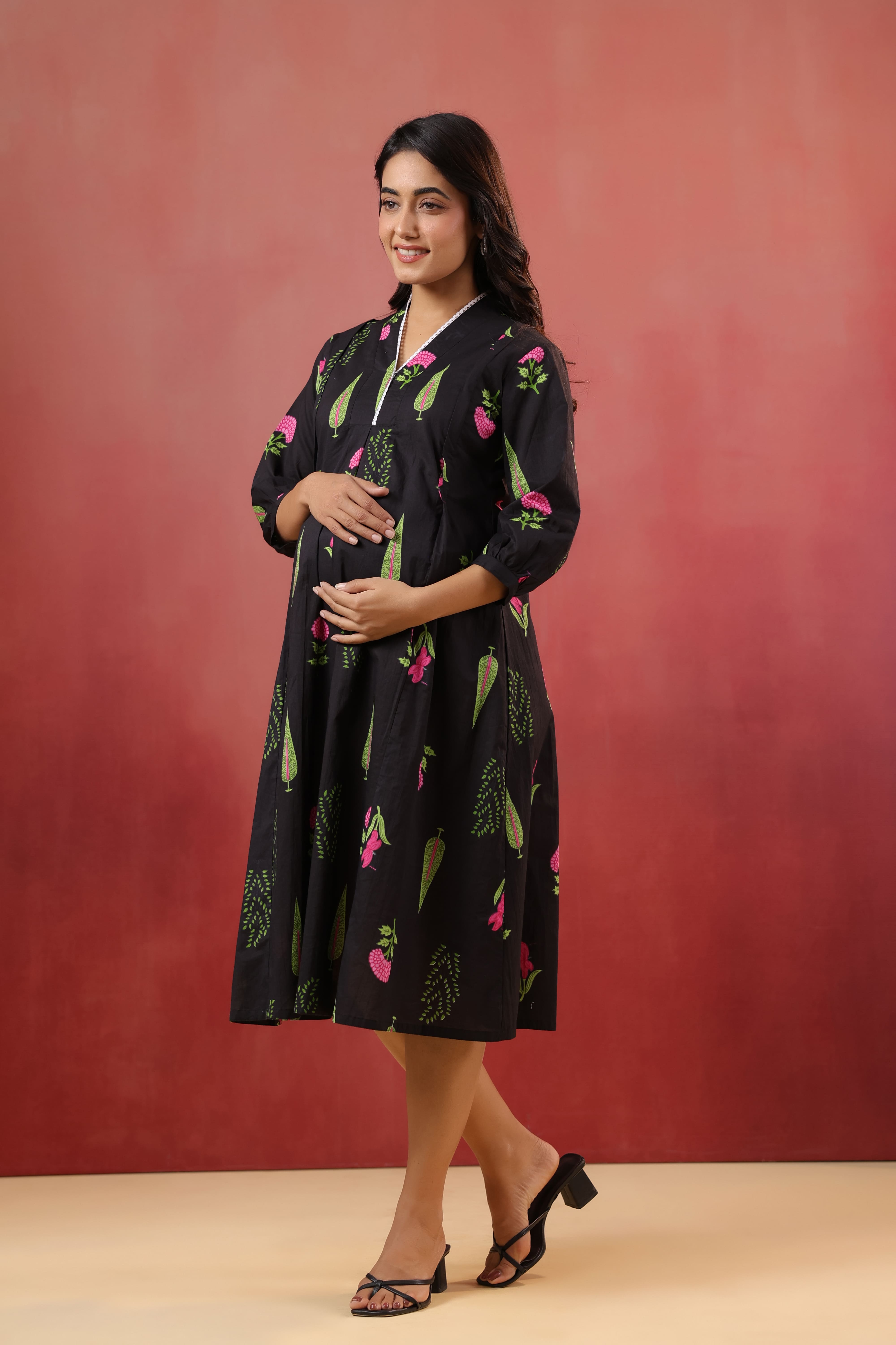 Power Black Mughal Boota Cotton Maternity - Nursing Dress