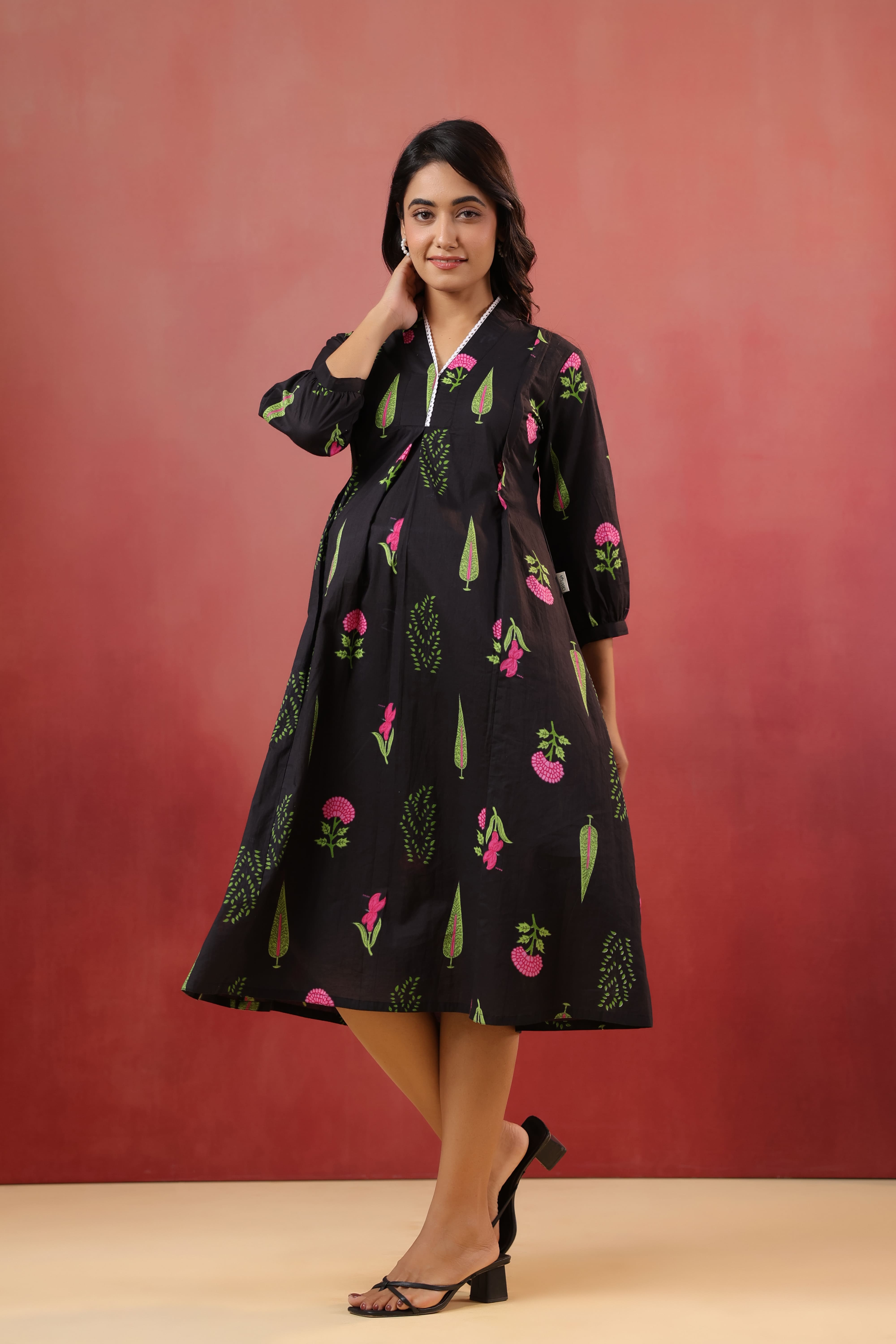 Power Black Mughal Boota Cotton Maternity - Nursing Dress