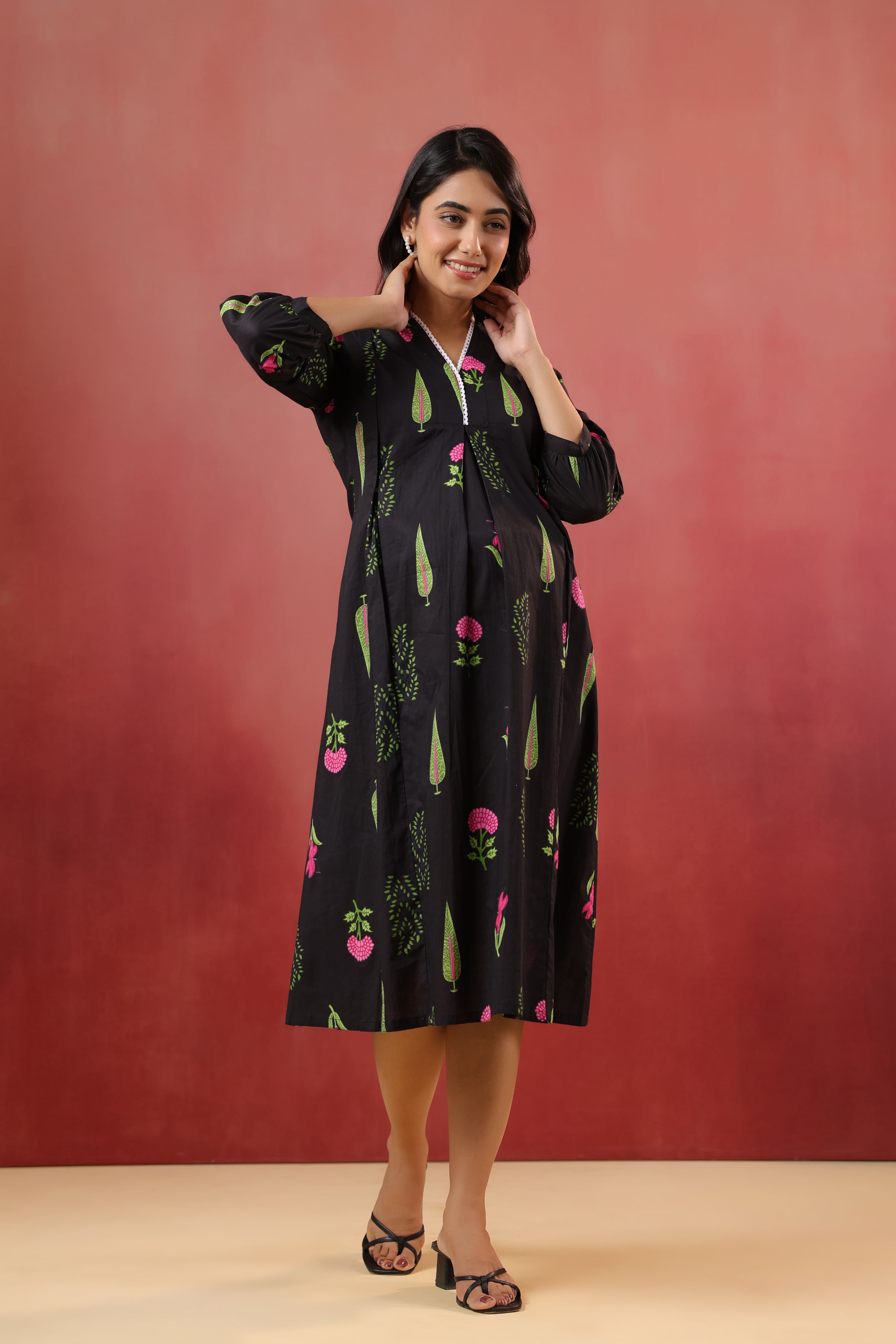 Power Black Mughal Boota Cotton Maternity - Nursing Dress