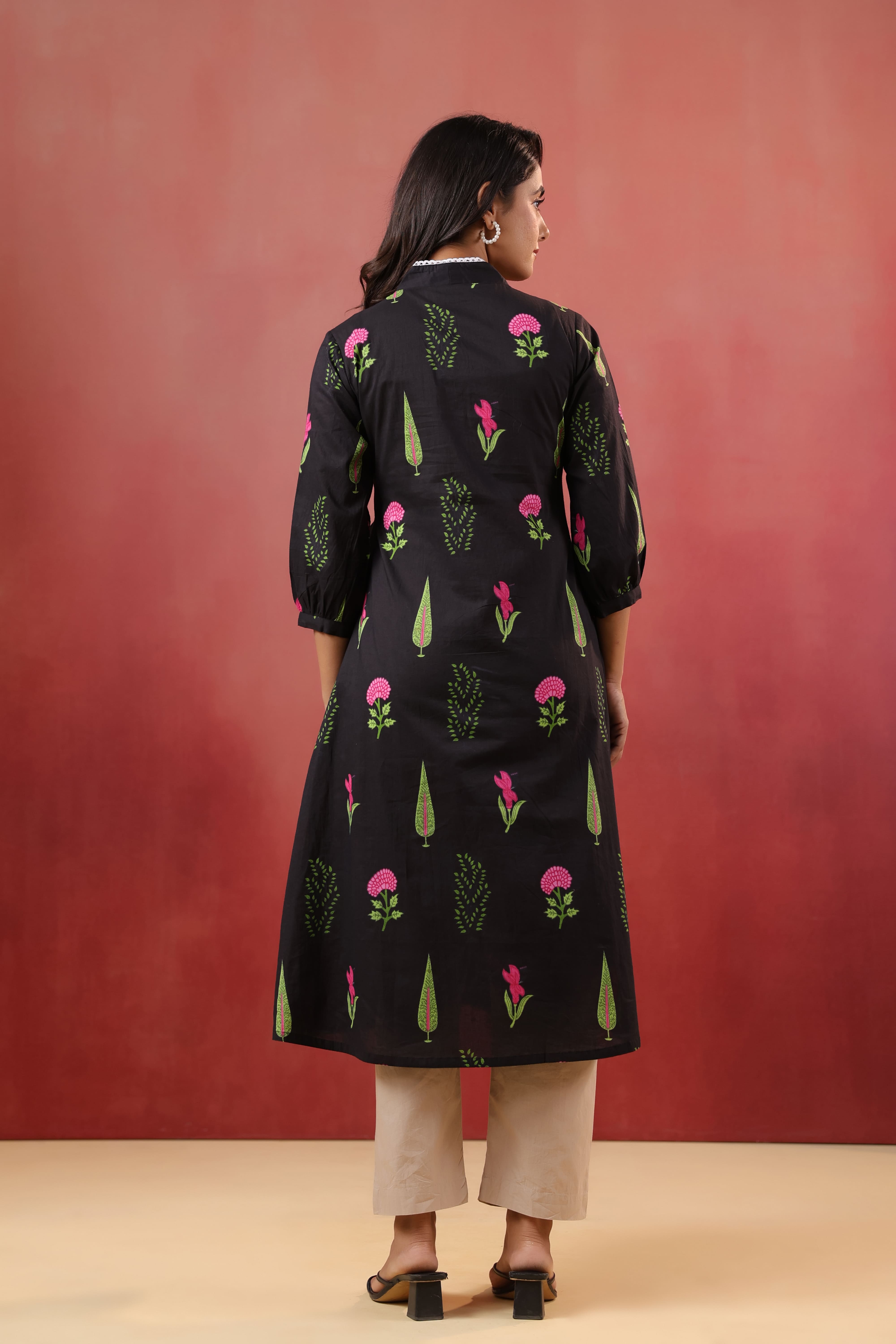 Power Black Mughal Boota Cotton Maternity - Nursing Kurta