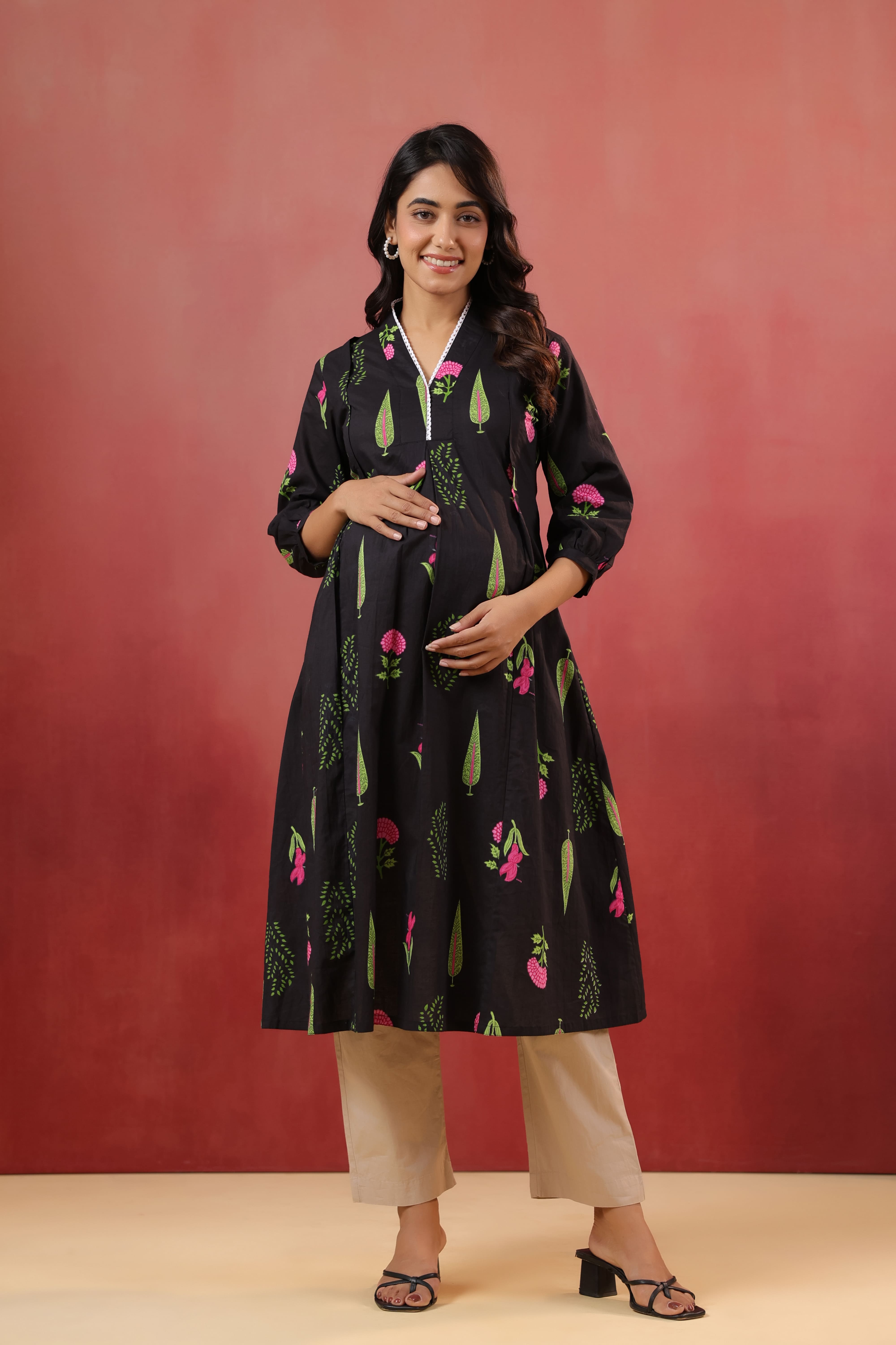 Power Black Mughal Boota Cotton Maternity - Nursing Kurta