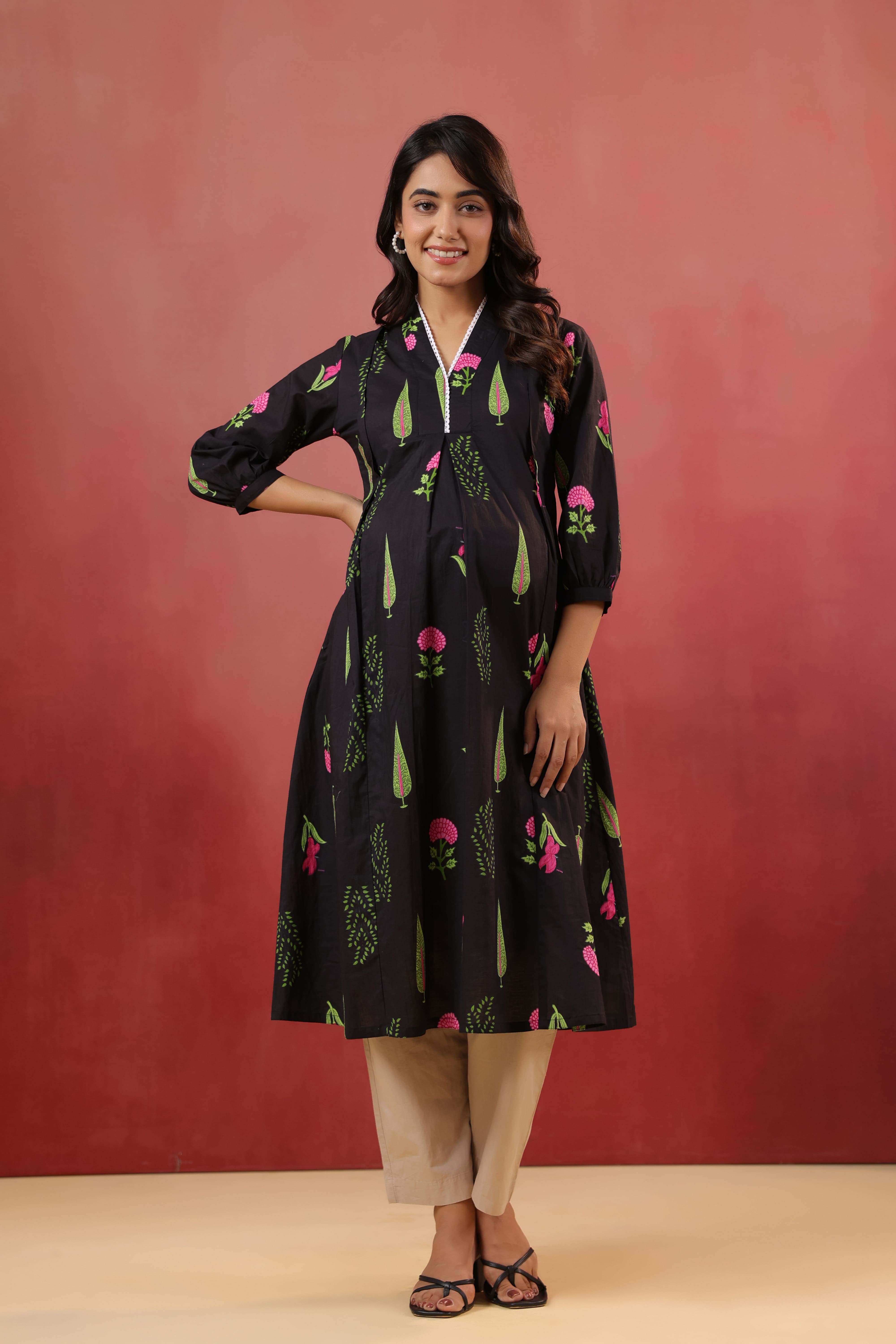 Power Black Mughal Boota Cotton Maternity - Nursing Kurta