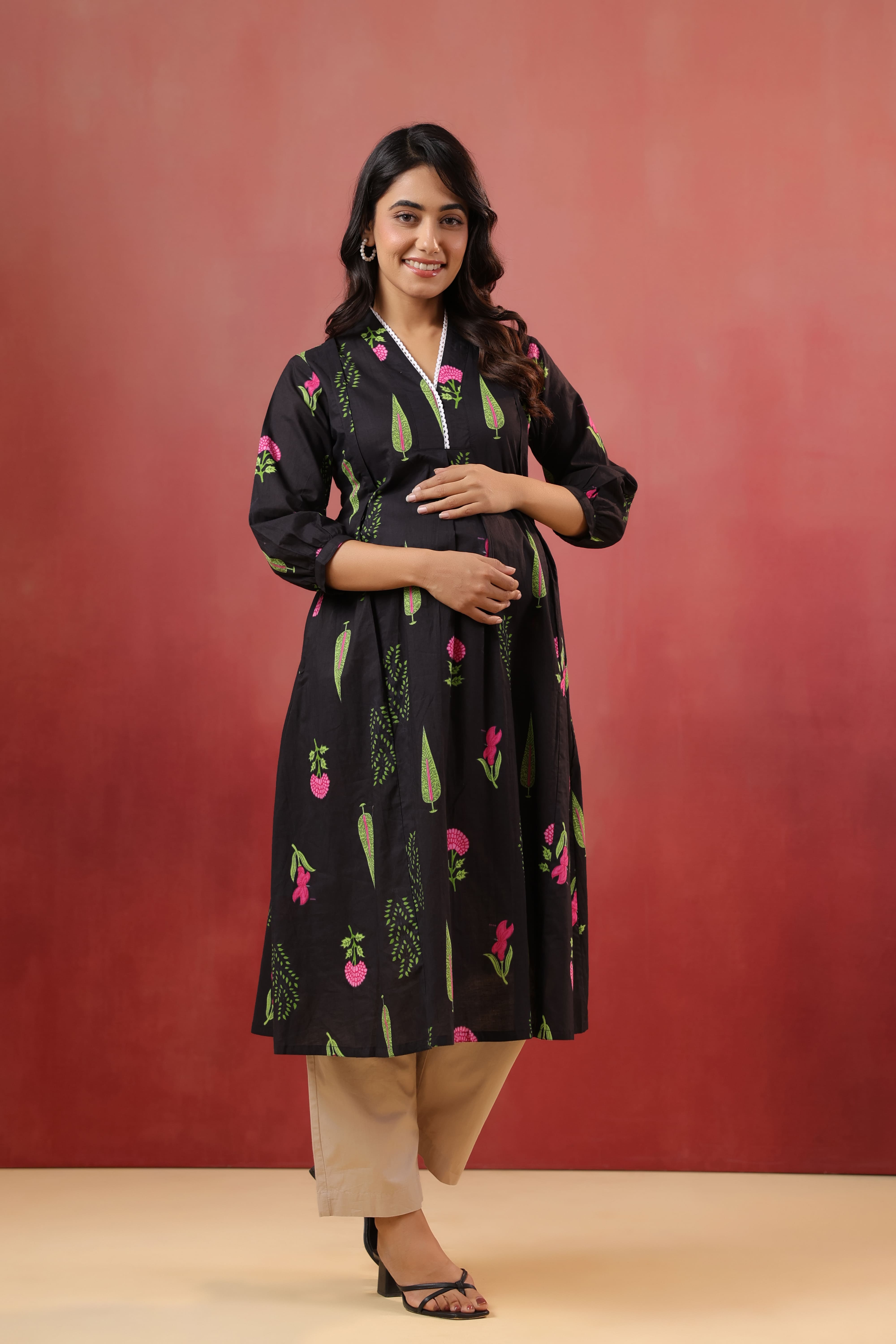 Power Black Mughal Boota Cotton Maternity - Nursing Kurta