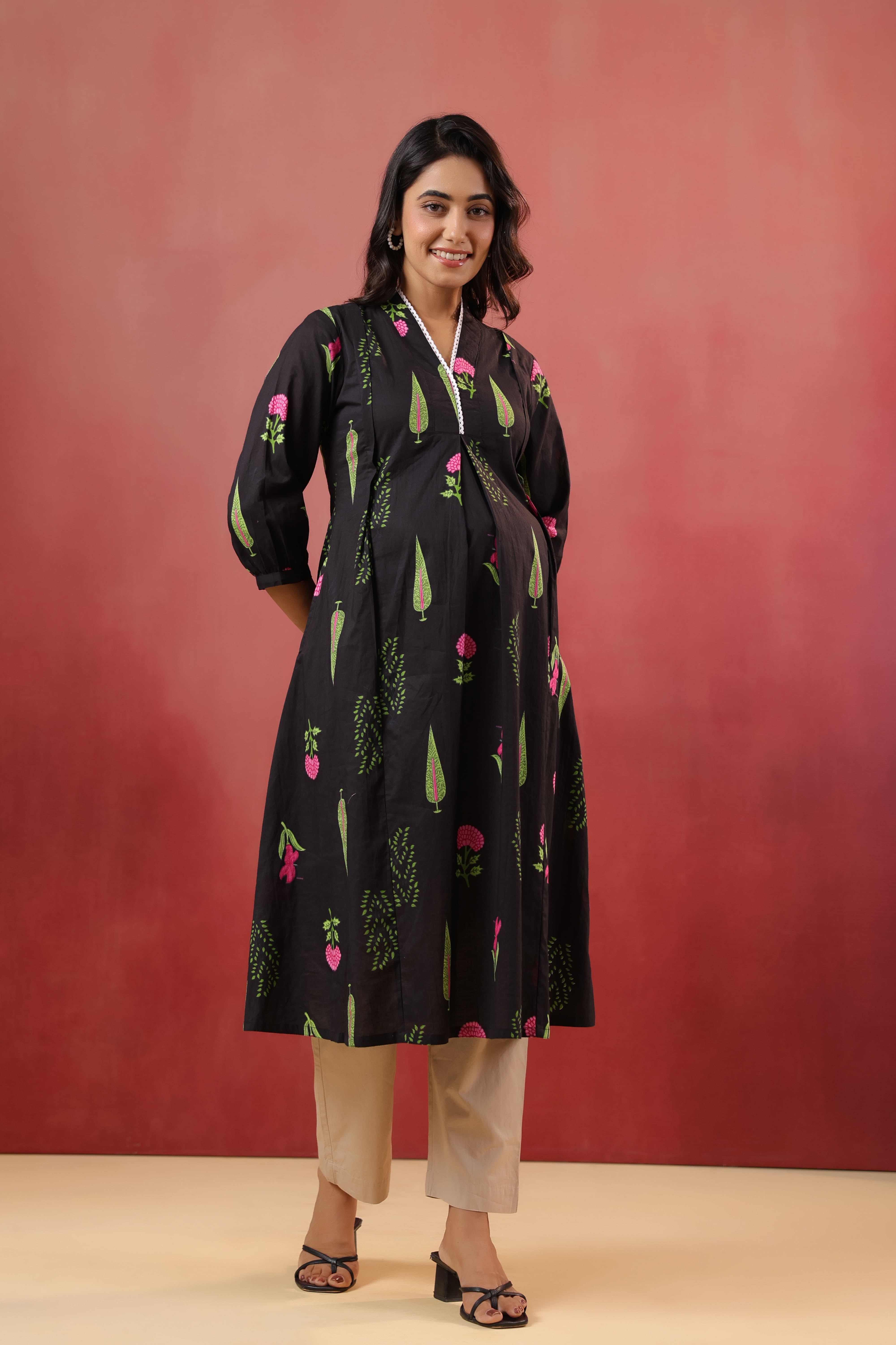Power Black Mughal Boota Cotton Maternity - Nursing Kurta