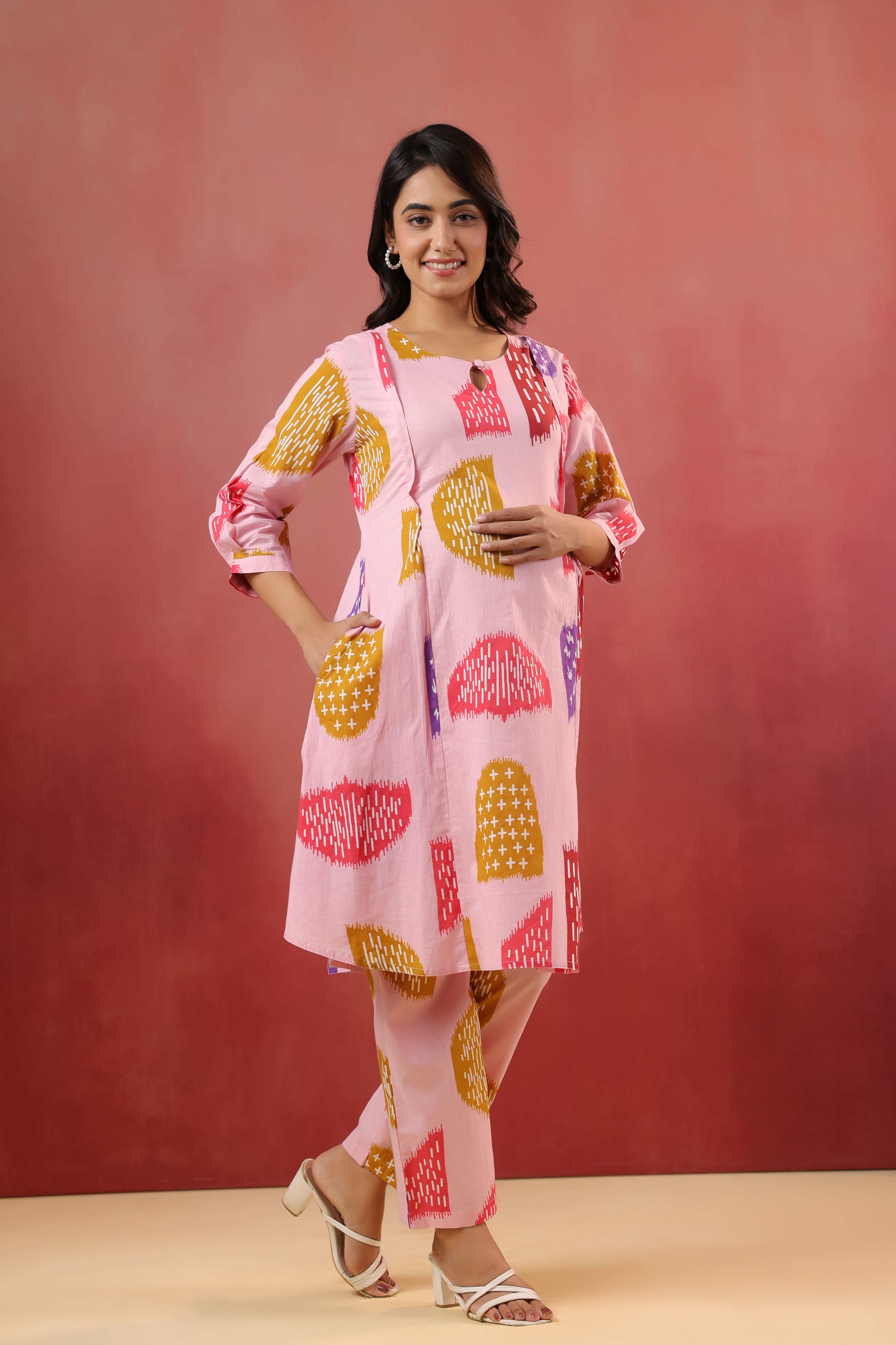 Pastel Pink Abstract Cotton Maternity - Nursing Co-ord Set