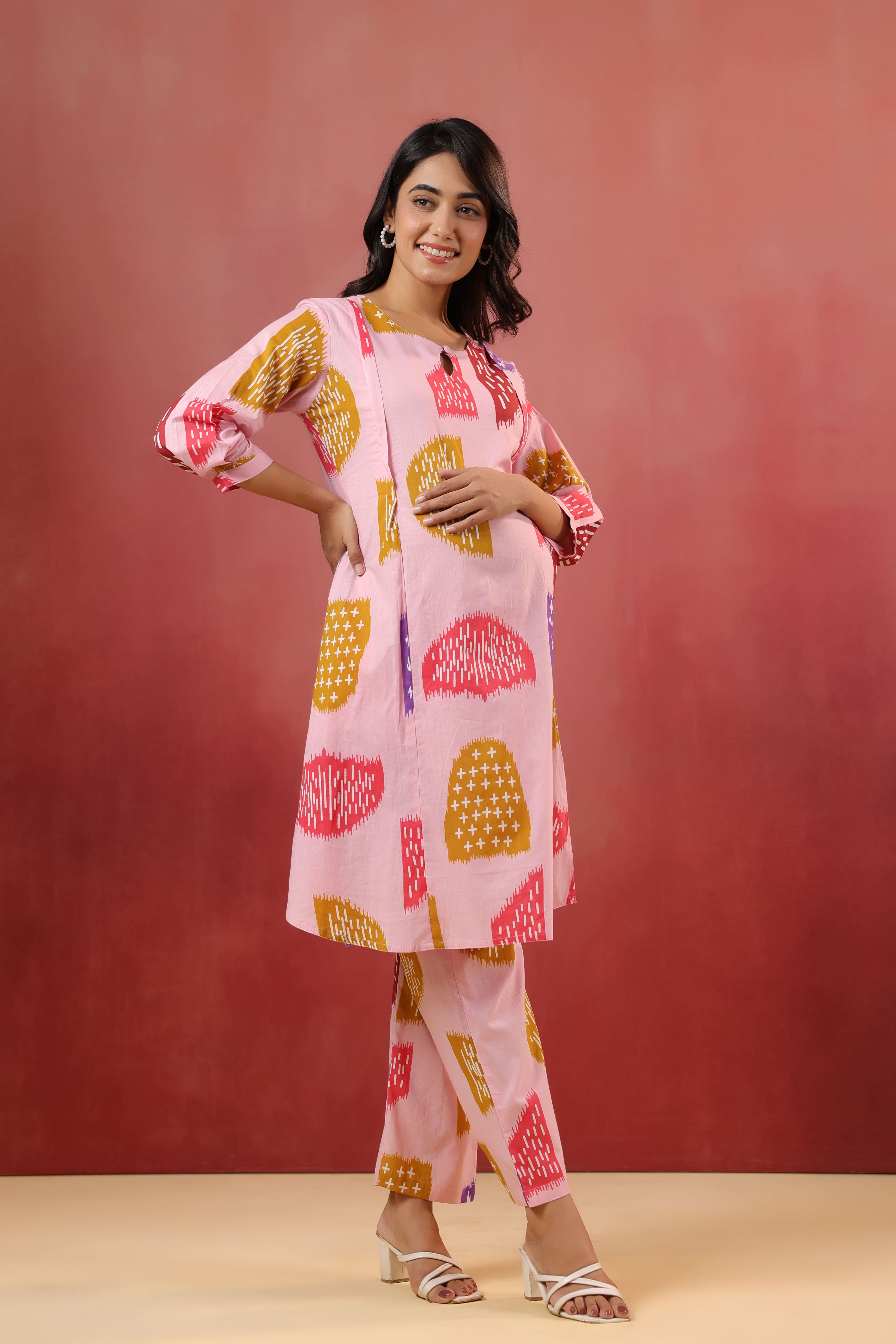 Pastel Pink Abstract Cotton Maternity - Nursing Co-ord Set