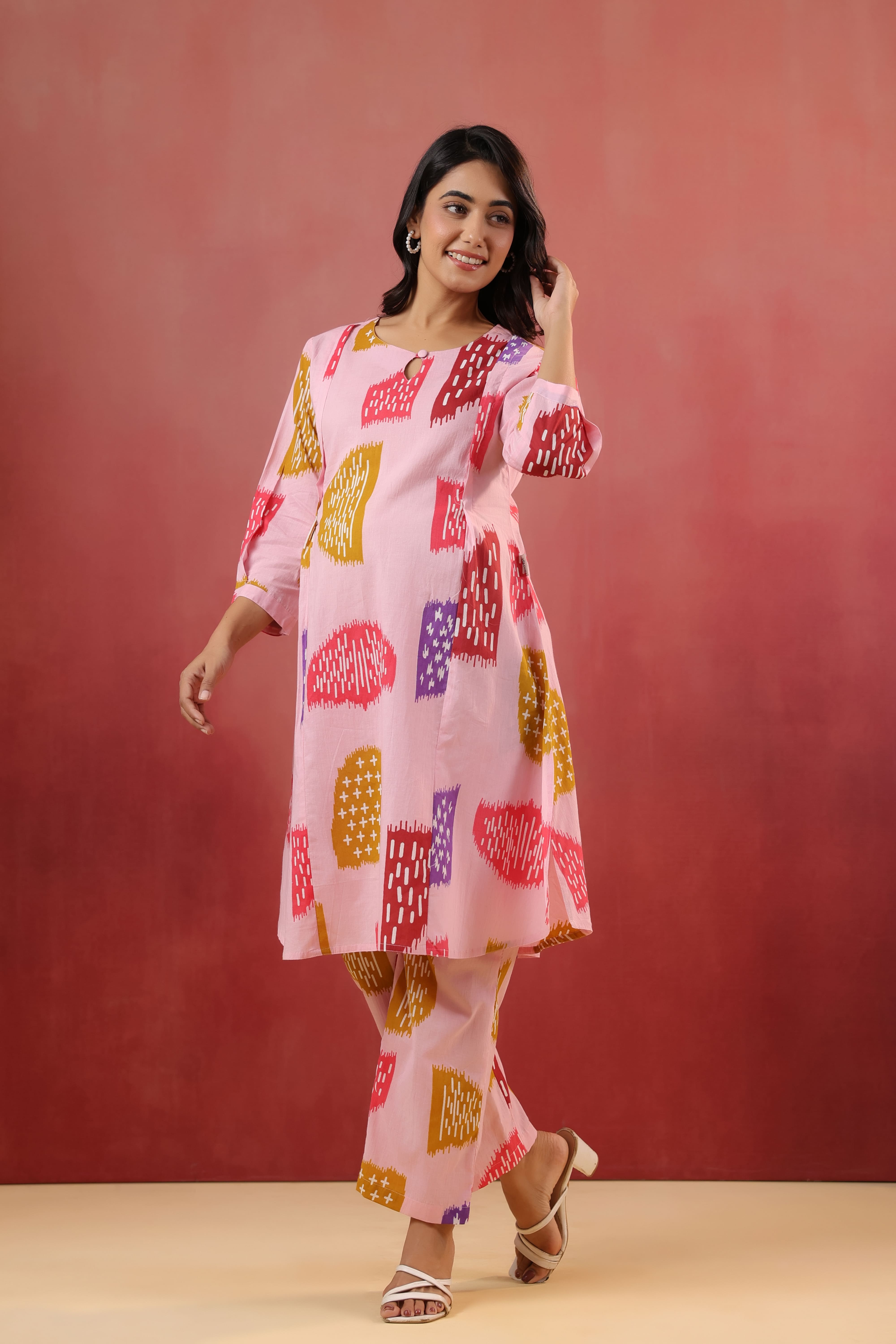 Pastel Pink Abstract Cotton Maternity - Nursing Co-ord Set