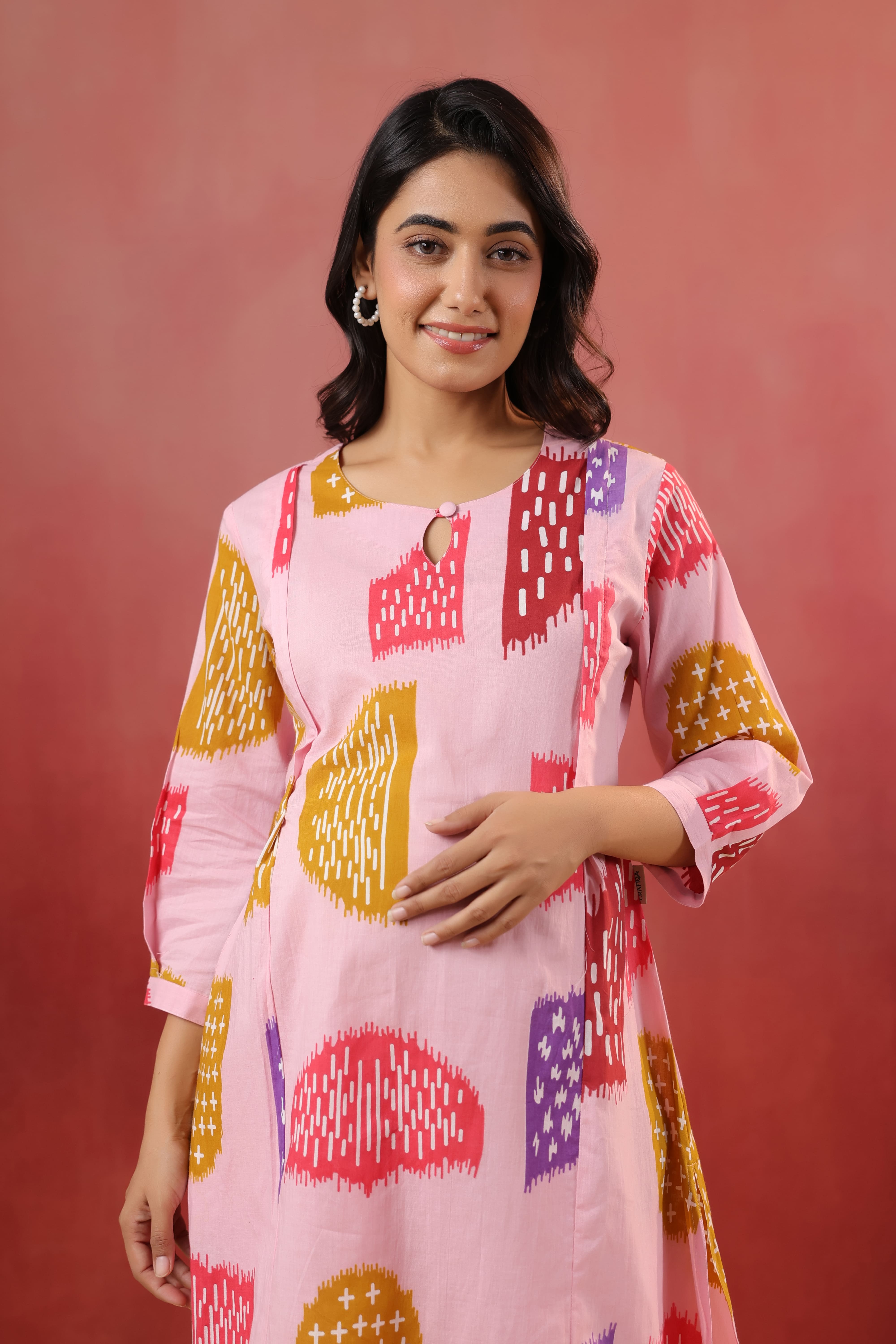 Pastel Pink Abstract Cotton Maternity - Nursing Co-ord Set