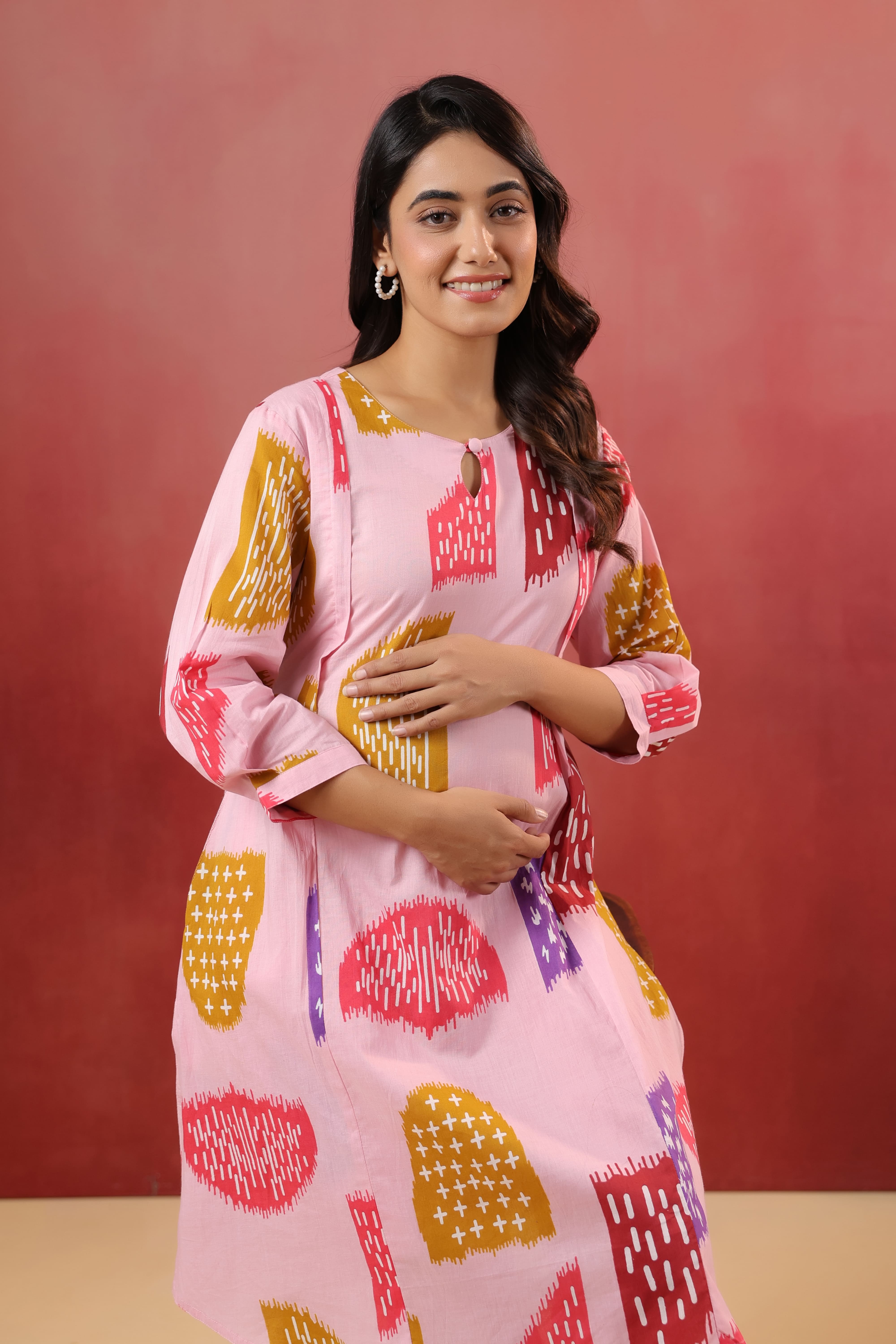Pastel Pink Abstract Cotton Maternity - Nursing Co-ord Set