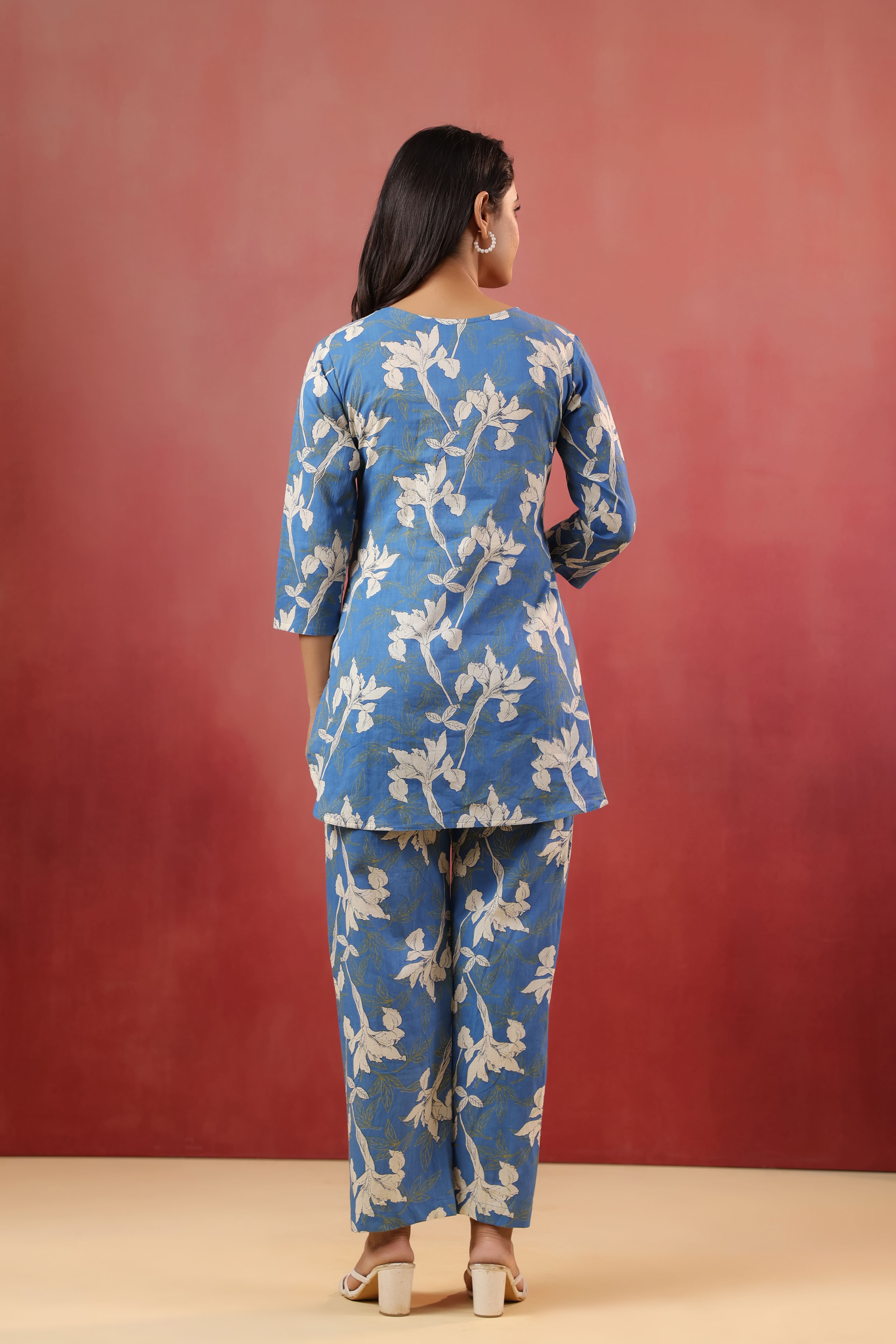 Ocean Blue Leaf Cotton Maternity - Nursing Co-ord Set