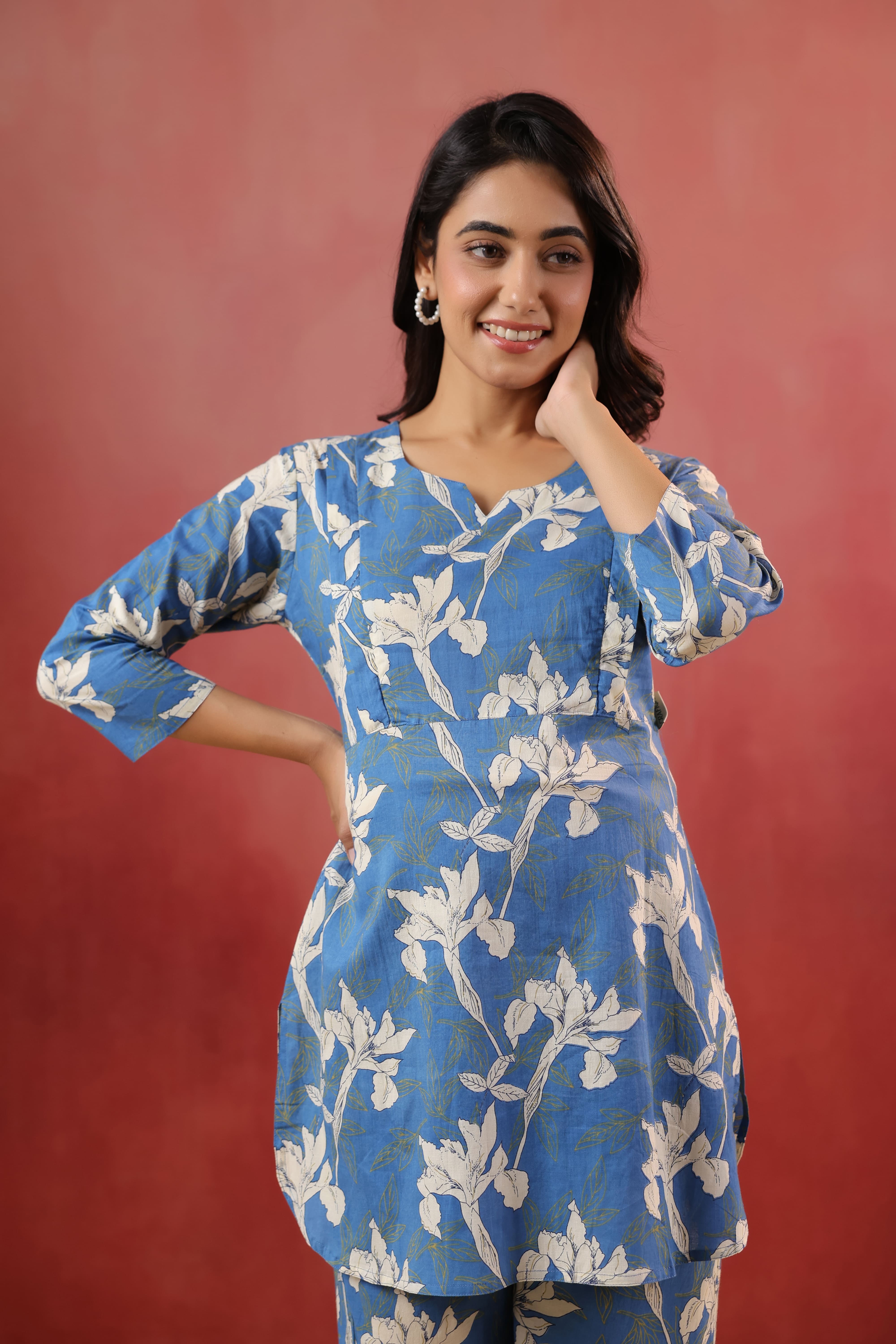 Ocean Blue Leaf Cotton Maternity - Nursing Co-ord Set