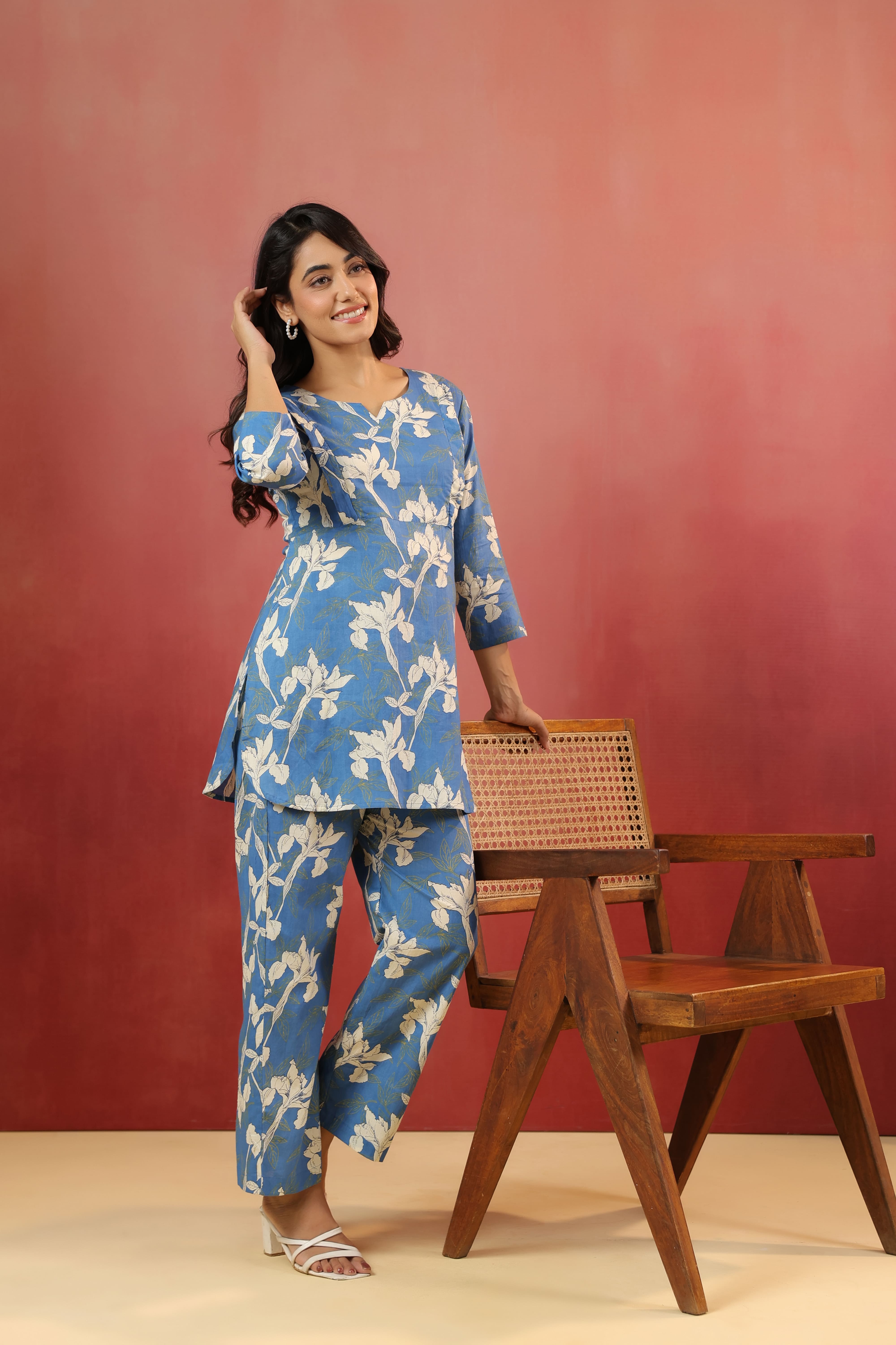 Ocean Blue Leaf Cotton Maternity - Nursing Co-ord Set