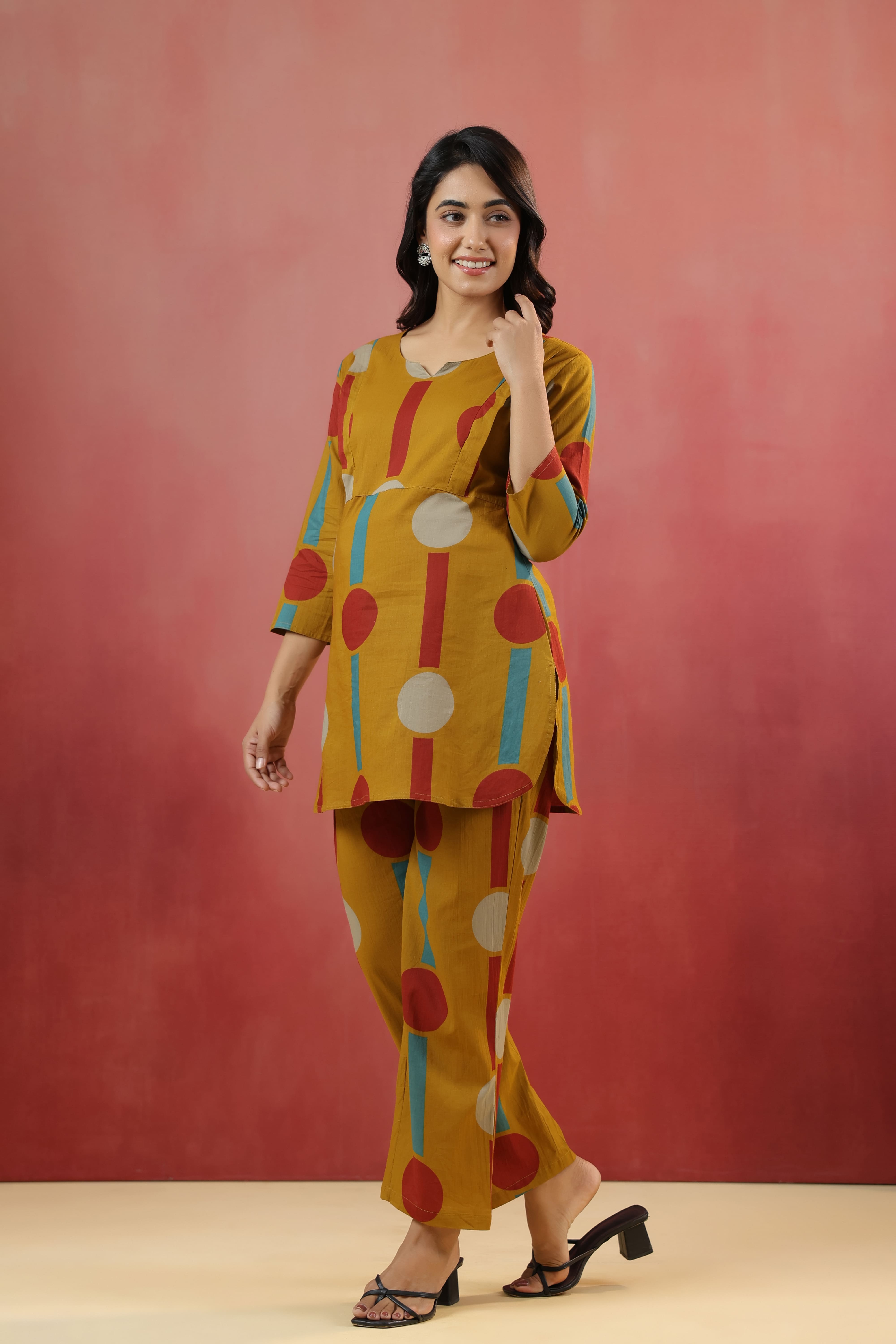 Harvest Gold Geometric Ajrakh Cotton Maternity - Nursing Co-ord Set