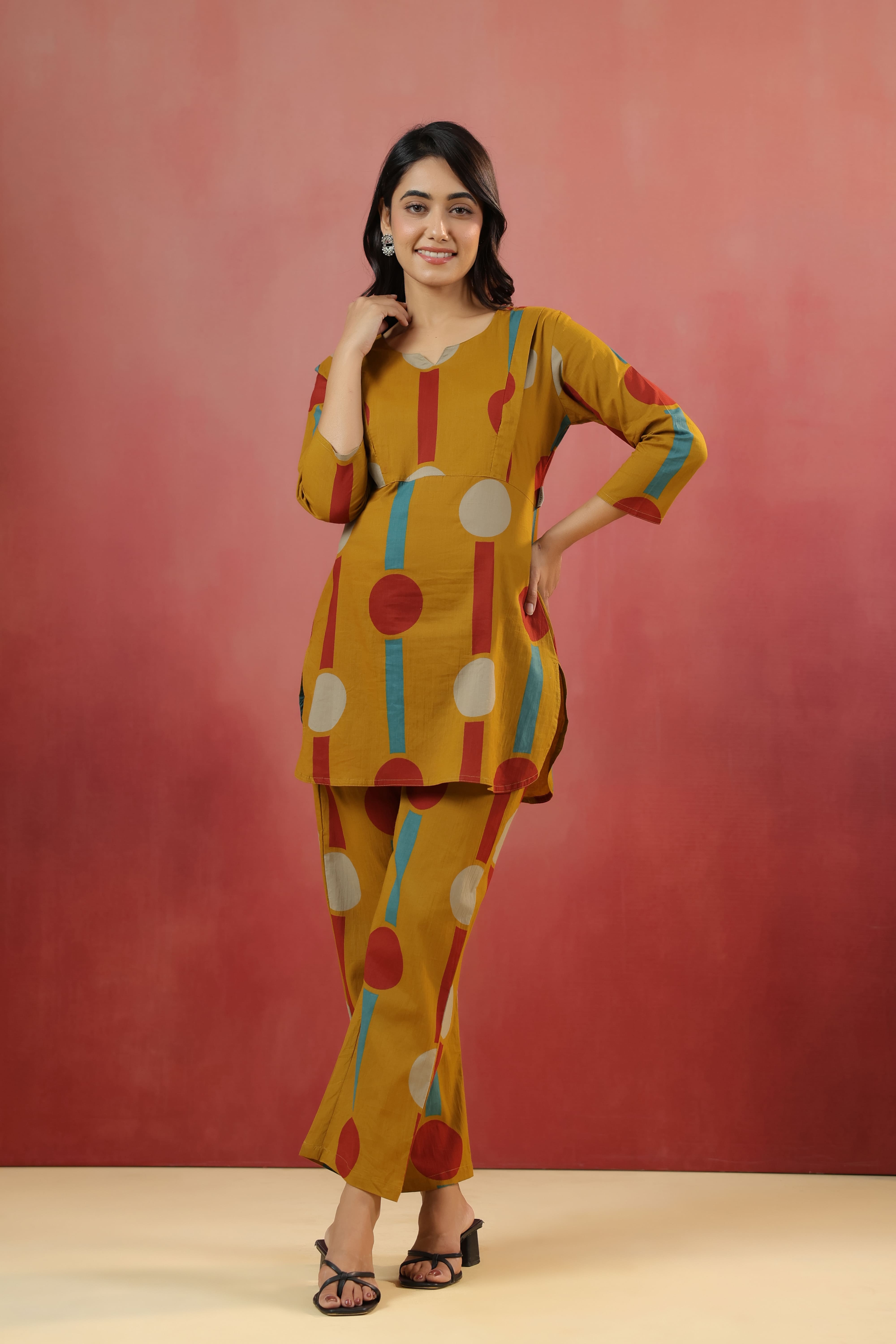 Harvest Gold Geometric Ajrakh Cotton Maternity - Nursing Co-ord Set