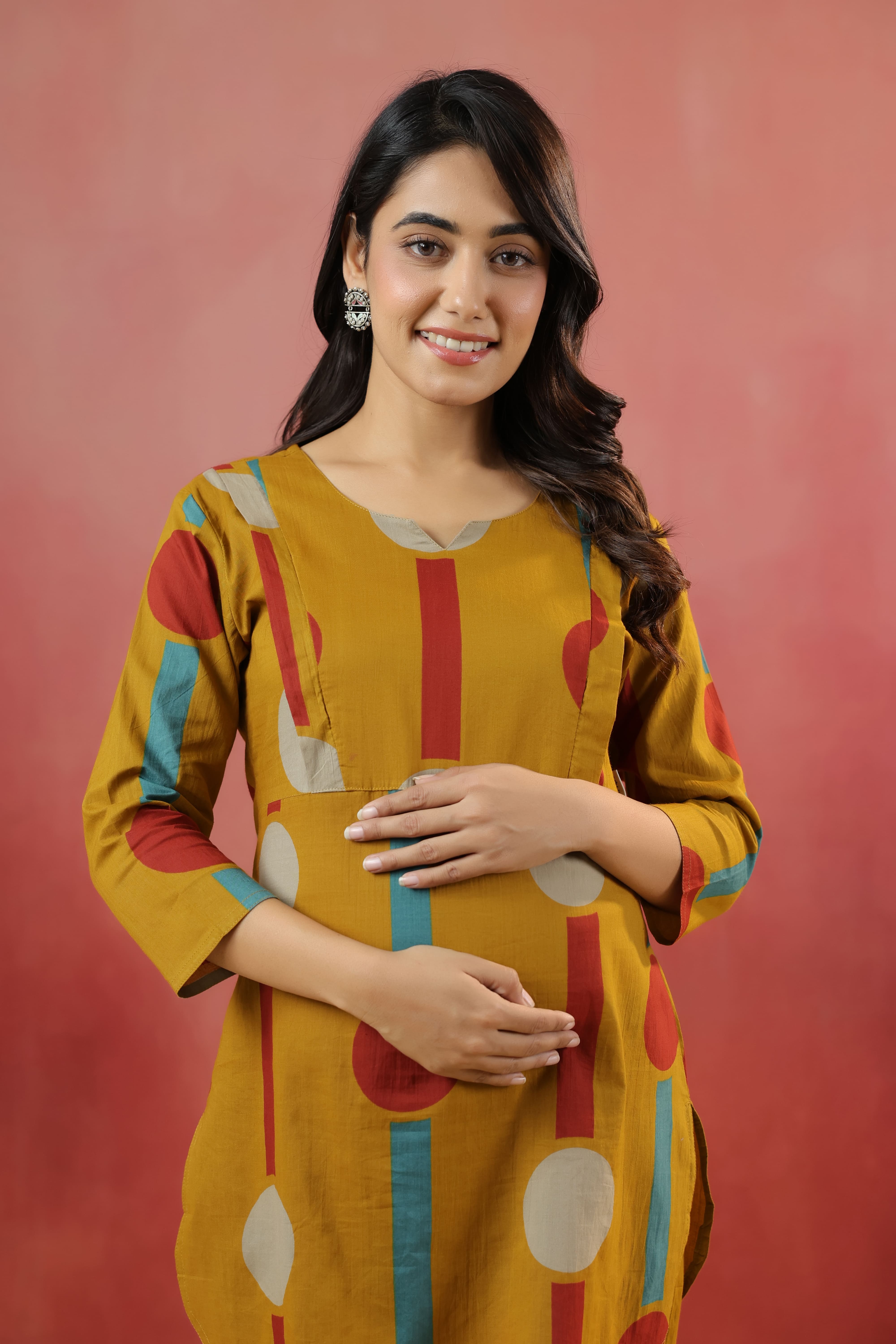 Harvest Gold Geometric Ajrakh Cotton Maternity - Nursing Co-ord Set