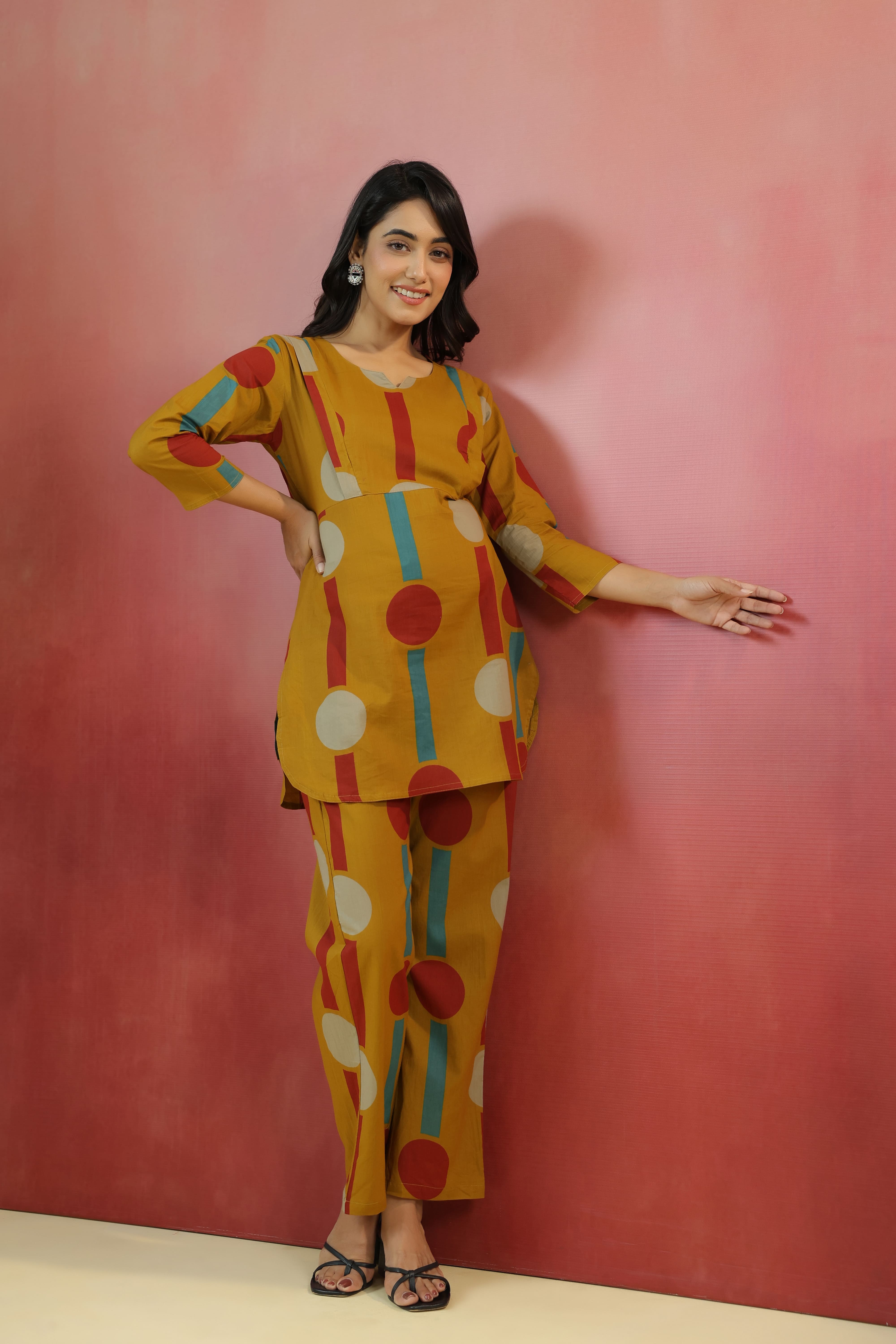 Harvest Gold Geometric Ajrakh Cotton Maternity - Nursing Co-ord Set